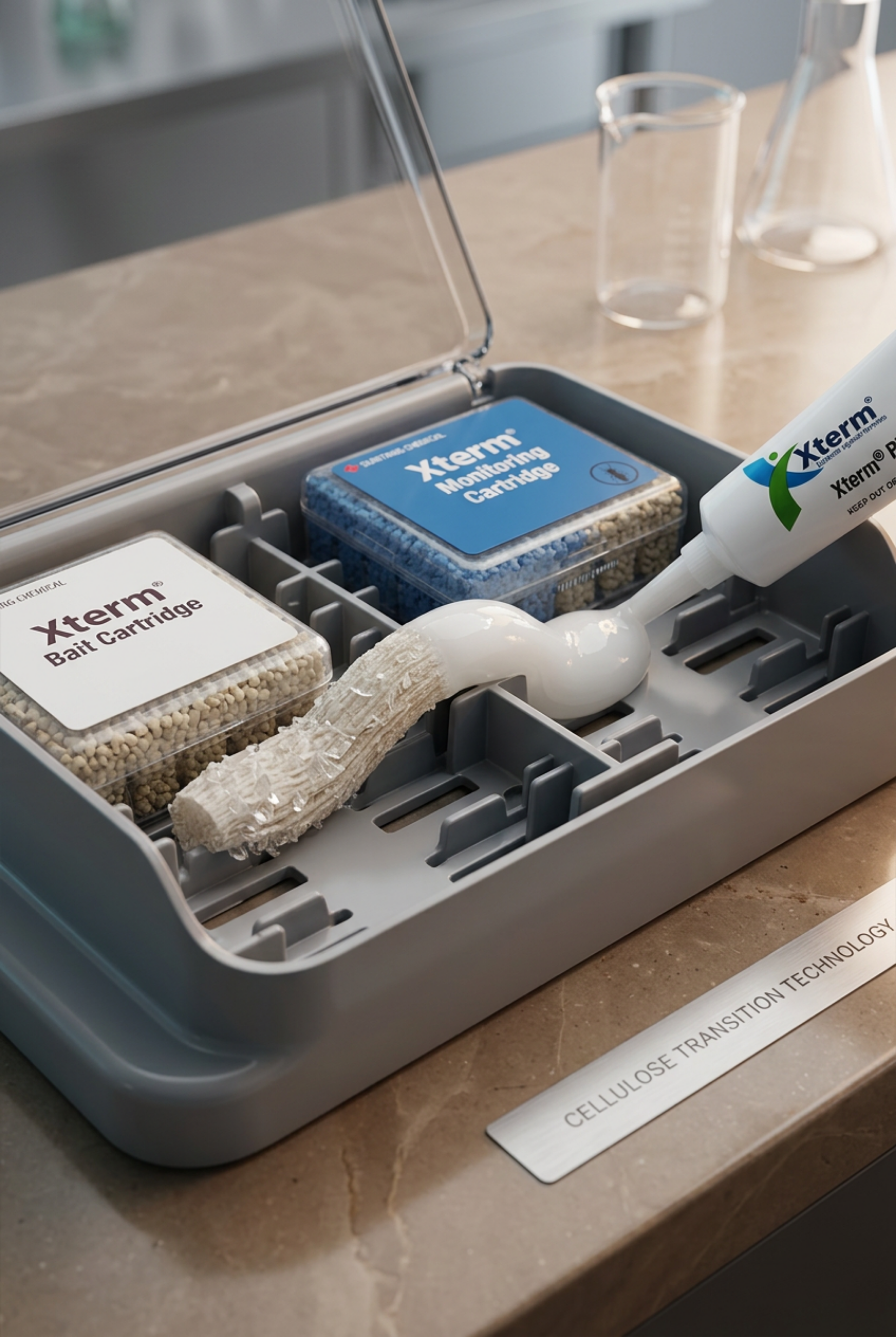 A dense, white Xterm RTU Paste gel transitioning from wet to solid, acting as a natural food bridge between termite bait and monitoring cartridges in an AG station.