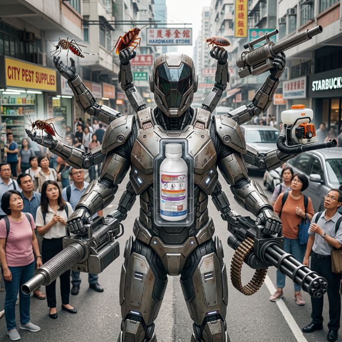 A futuristic "Swiss Army Knife" robot conceptualizing the multi-functional power of HC ROACHKILL 10 EC, holding various pests and application equipment.