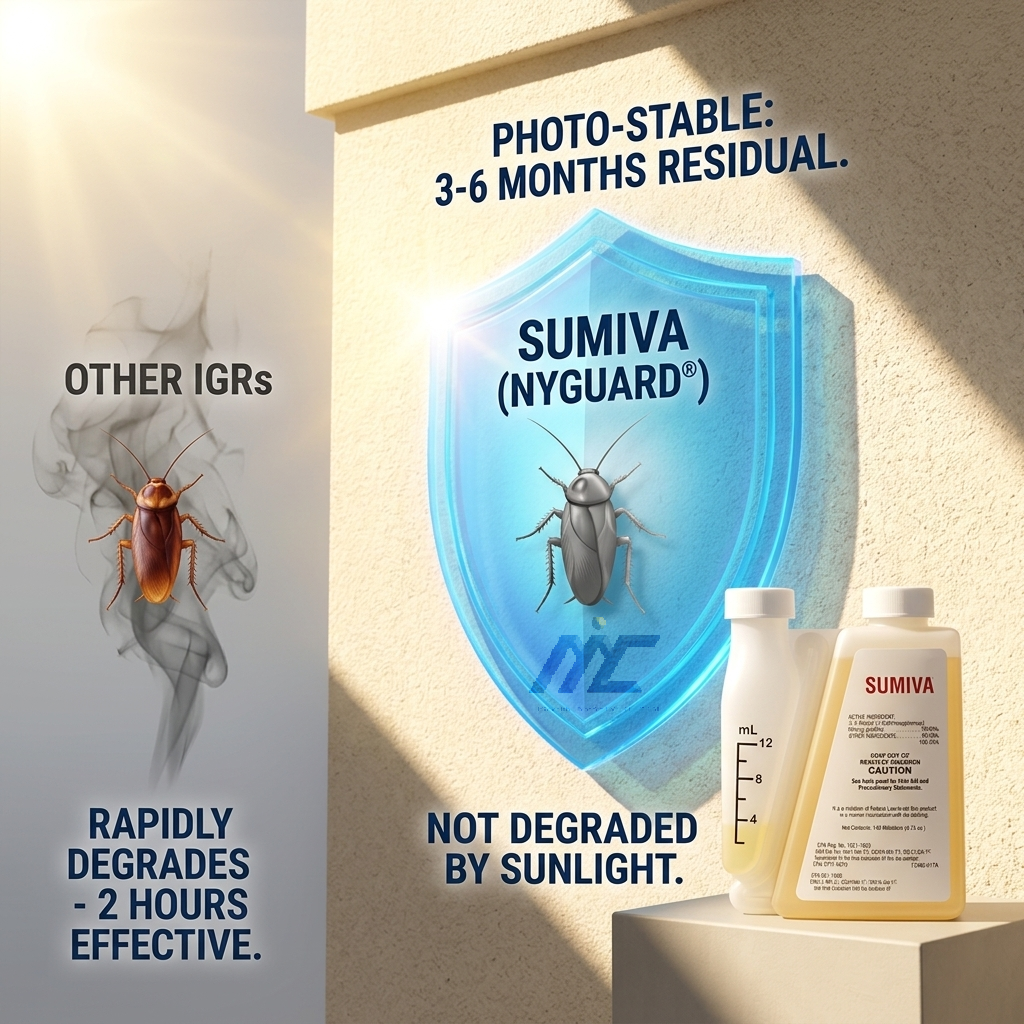 Comparison showing Sumiva NyGuard IGR remains effective for 3-6 months in direct sunlight while ordinary IGRs degrade in 2 hours.