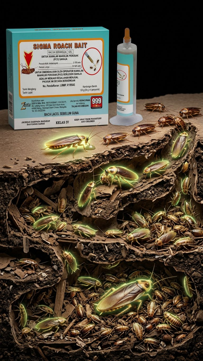 An infographic illustrating the domino transfer effect of SIGMA ROACH BAIT, showing foraging cockroaches eating the gel bait and spreading the active ingredient deep inside a subterranean nest.