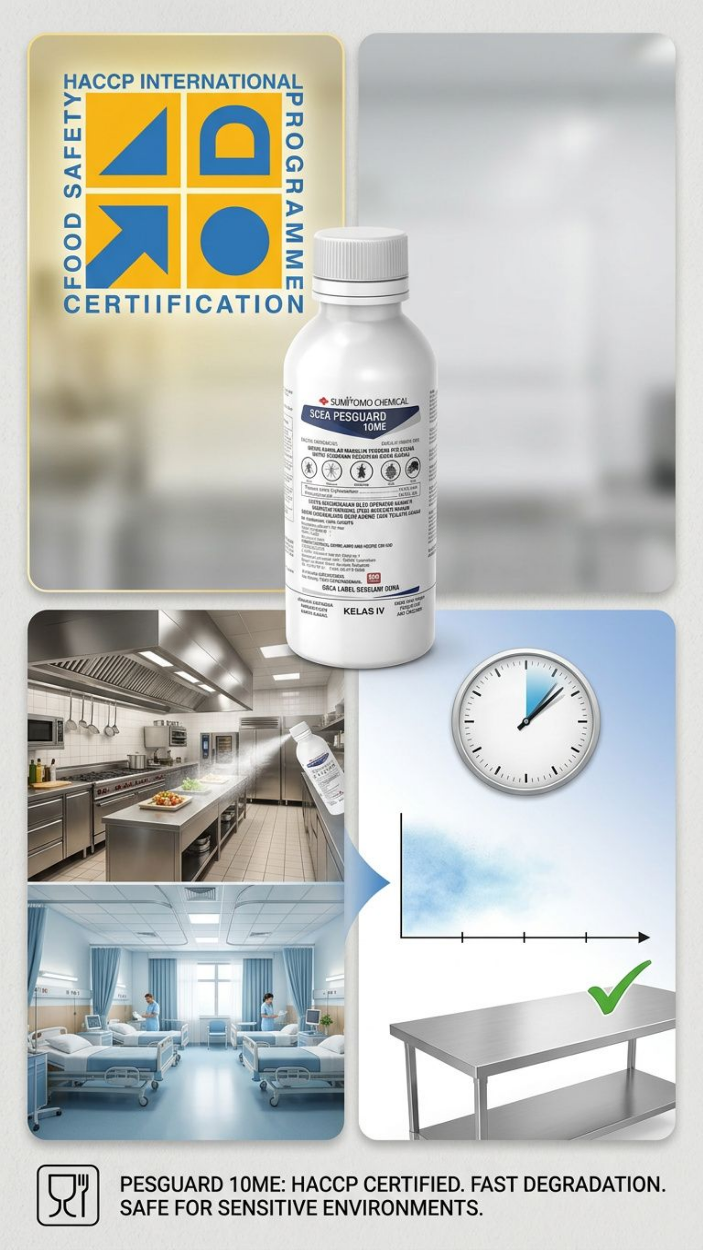 Pesguard 10ME is HACCP International certified for use in sensitive areas such as hospitals, kitchens, and food handling zones. Its advanced micro-emulsion formula ensures fast degradation and short residual life to prevent chemical accumulation.