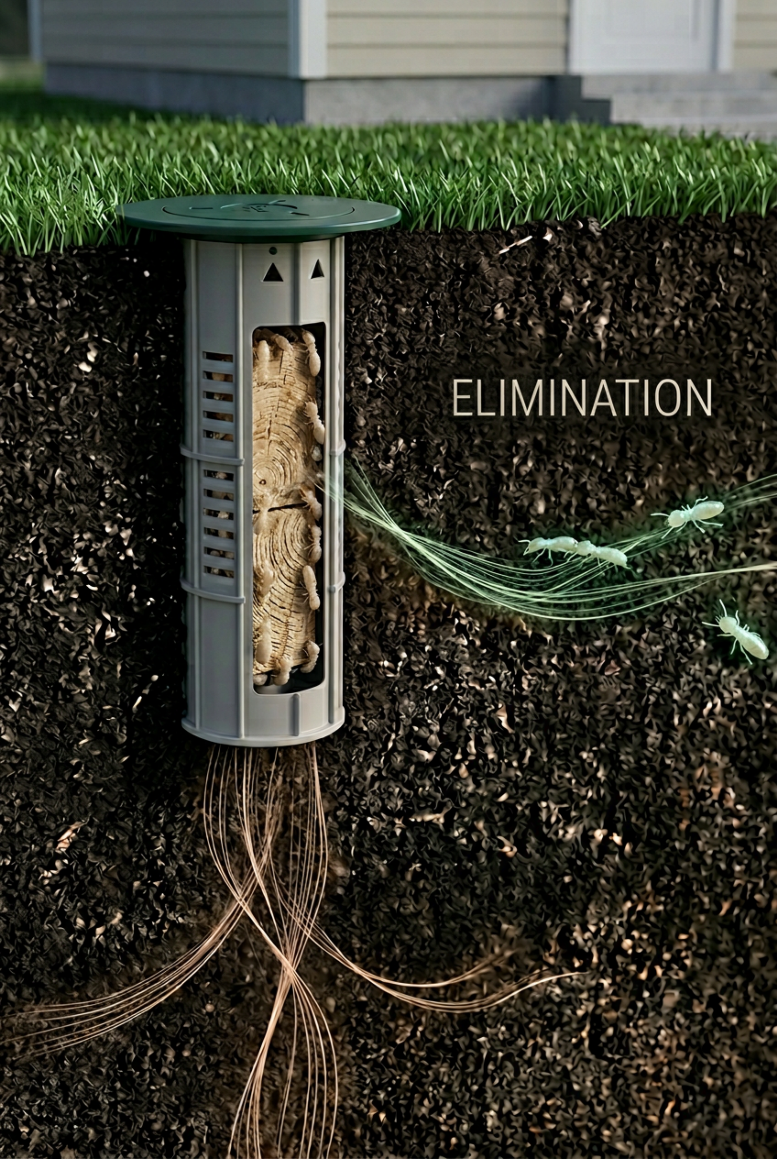 Vertical cross-section of Xterm IG Station with peach wood emitting detection scent in soil.