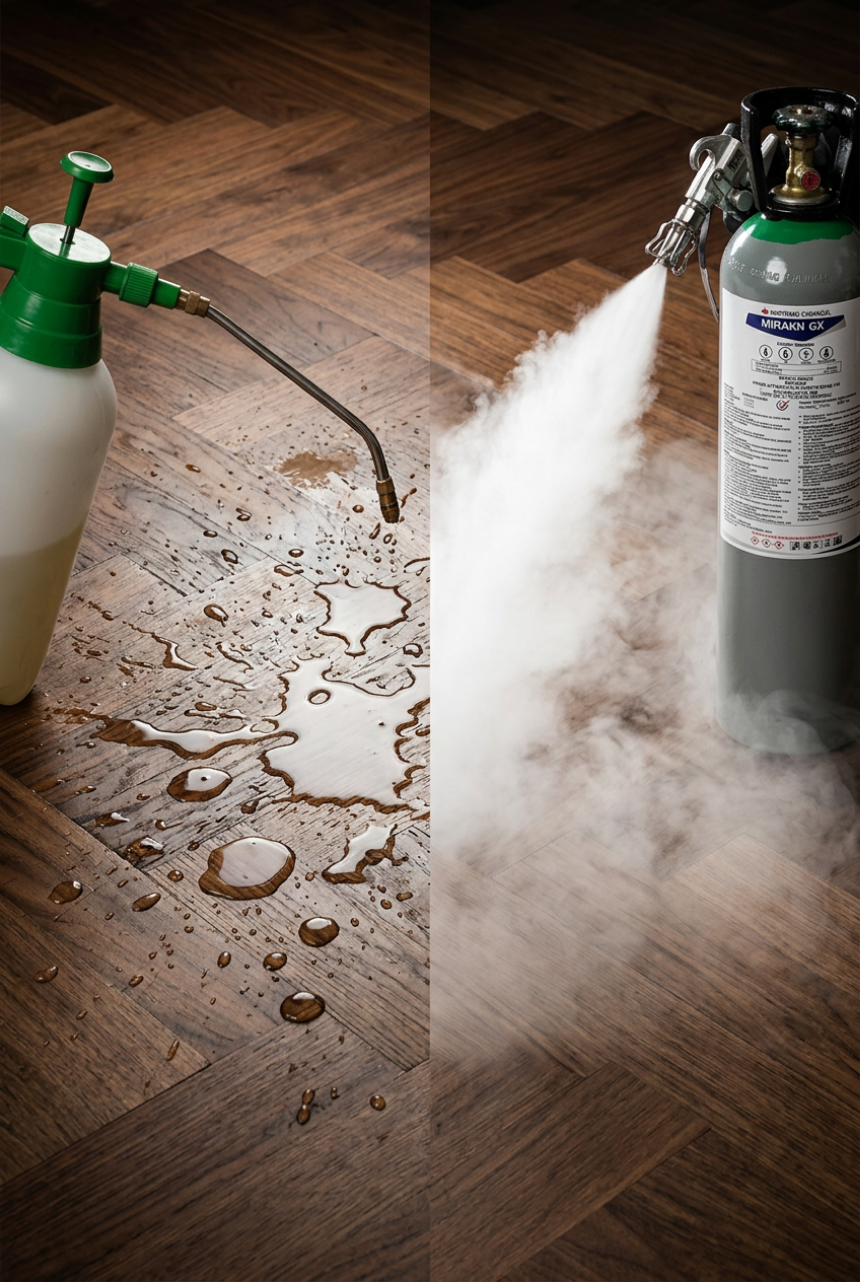 Comparison between Mirakn GX ultra-dry CO2 mist and traditional wet insecticide spray on luxury wood flooring.