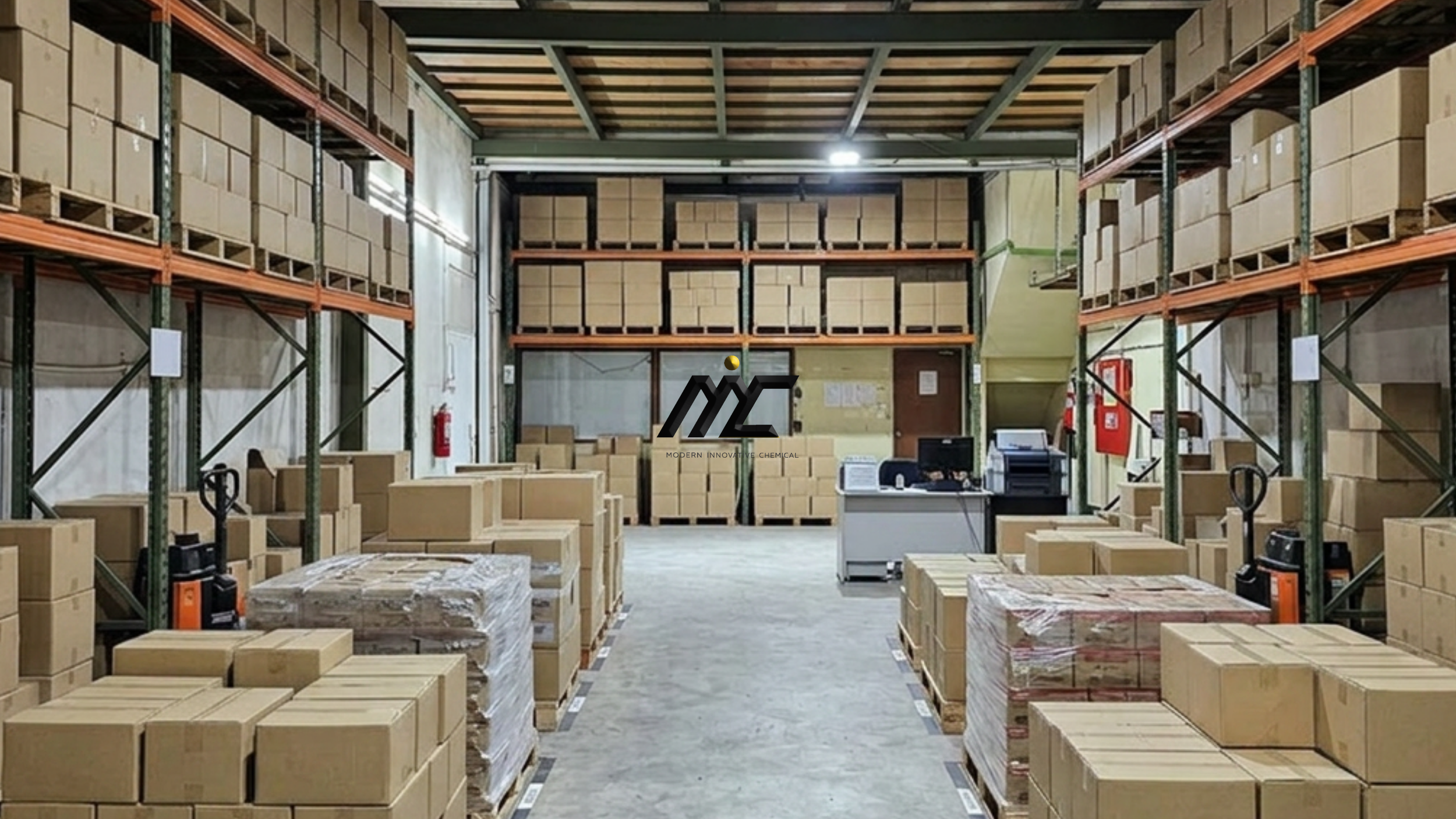 The well-organized B2B chemical warehouse and distribution hub of Modern Innovative Chemical (MIC) in Selangor, Malaysia, showing rows of neatly stacked pallets and bulk inventory.