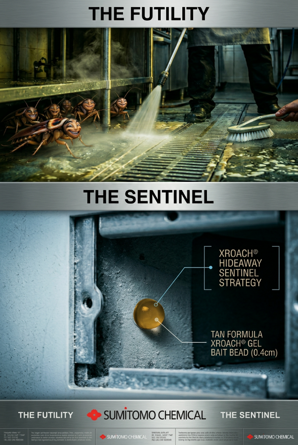 > Comparison of ineffective floor spraying vs. Xroach Off-Floor Sentinel Strategy in a commercial kitchen. Shows how cleaning crews wash away sprays while Xroach gel remains active in hidden voids.