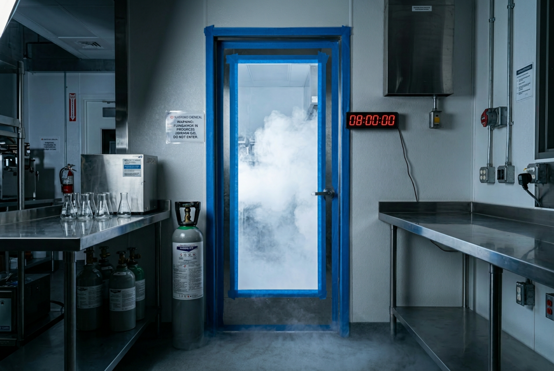 Sealed commercial kitchen door with 8-hour countdown timer for overcoming cockroach pesticide resistance.
