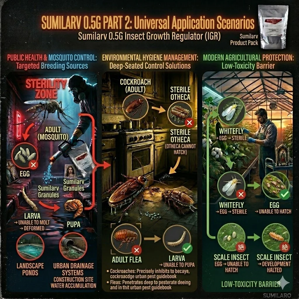 Sumilarv 0.5G provides a cross-sector pest barrier. Whether controlling urban stagnant water, managing household cockroaches and fleas, or protecting greenhouse crops from whiteflies, it offers unmatched stability.
