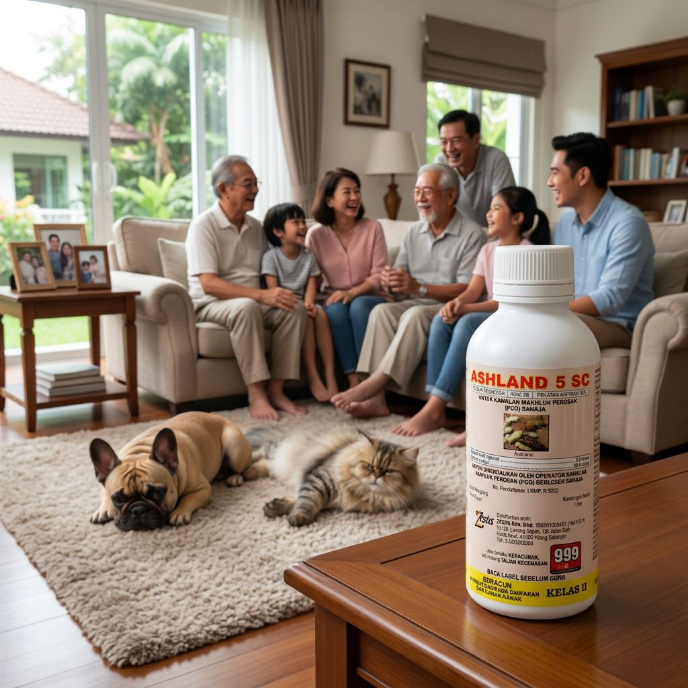 A happy family in a living room with pets, featuring a bottle of ASHLAND 5SC to demonstrate its suitability for indoor residential termite treatment.