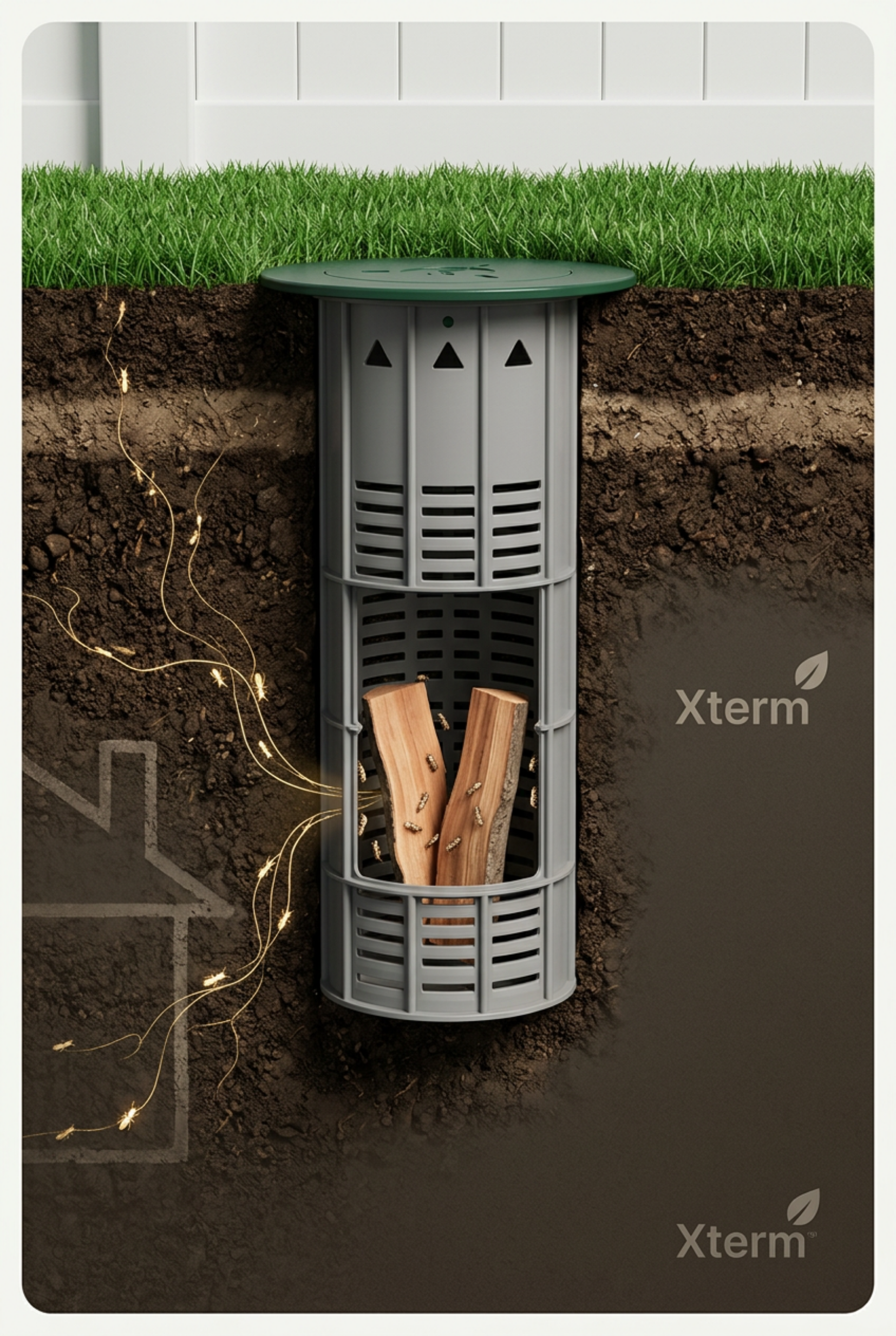 Vertical cross-section of Sumitomo Xterm IG Station with peach wood bait embedded in garden soil to intercept termites.