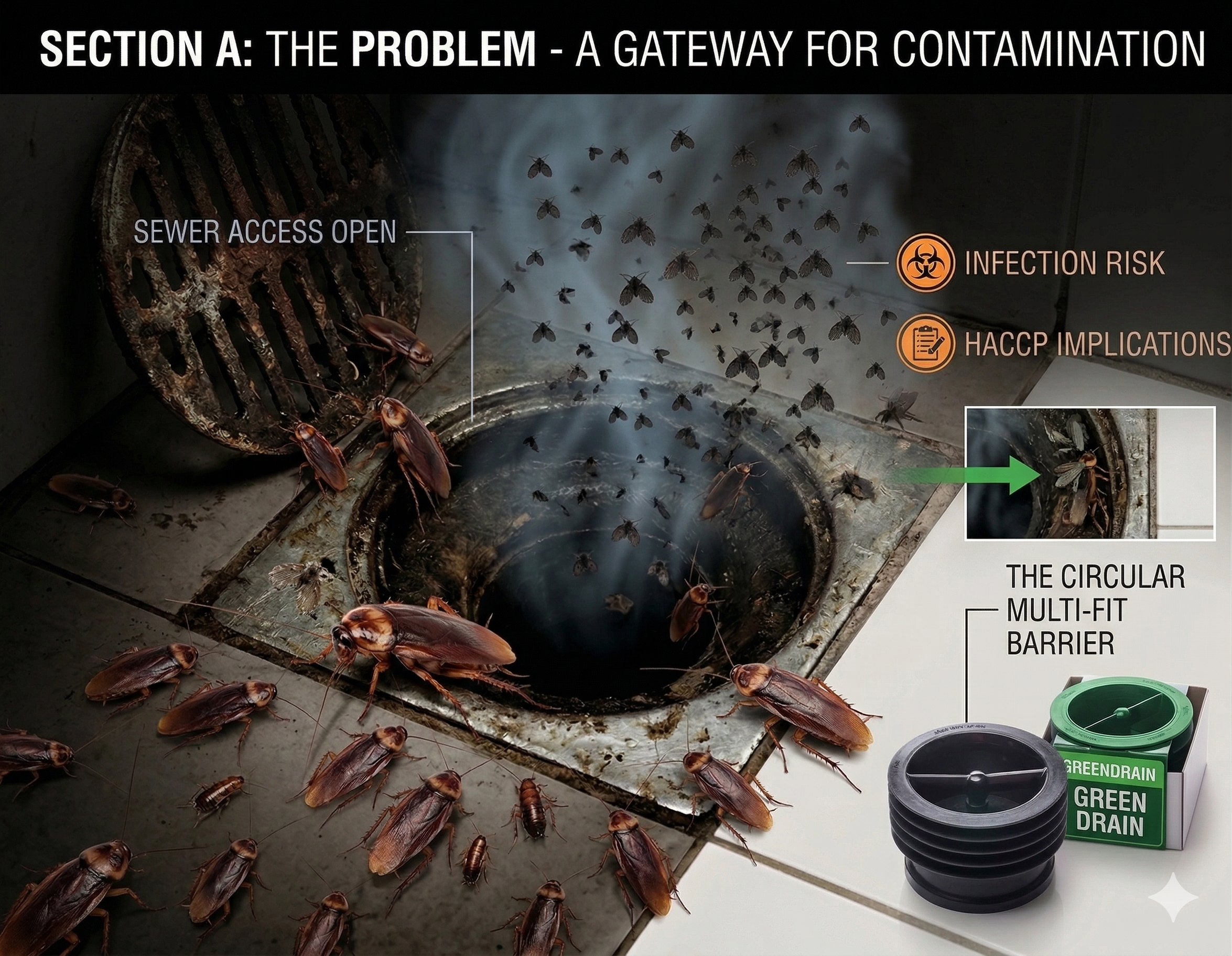 A comparison showing an open, unsealed floor drain infested with cockroaches and drain flies versus the circular Green Drain solution. The image highlights the risk of sewer gas and aerosol pathogens entering through dried-out traps.