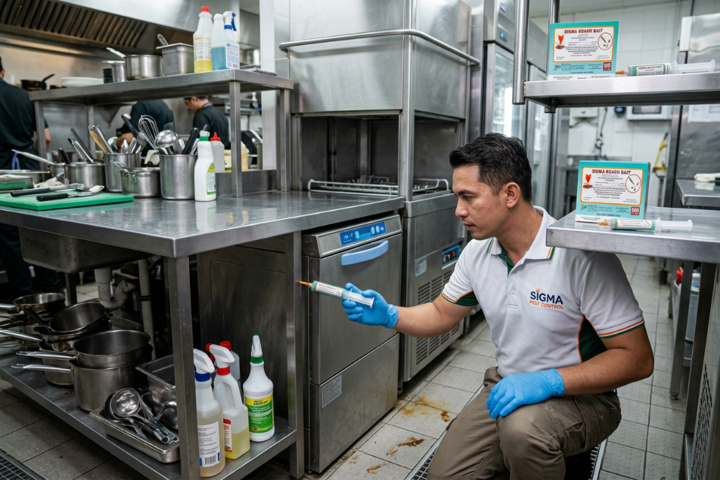 A professional PCO technician wearing gloves applying SIGMA ROACH BAIT using a precision syringe under a stainless steel counter in a commercial restaurant kitchen.