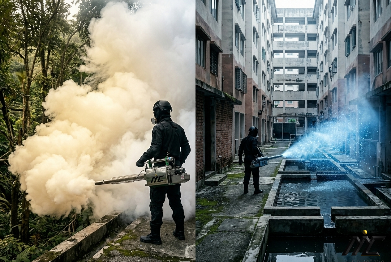 Side-by-side comparison: Thick white oil-based fog in a forest on the left, and fine blue water-based mist in an urban setting on the right.