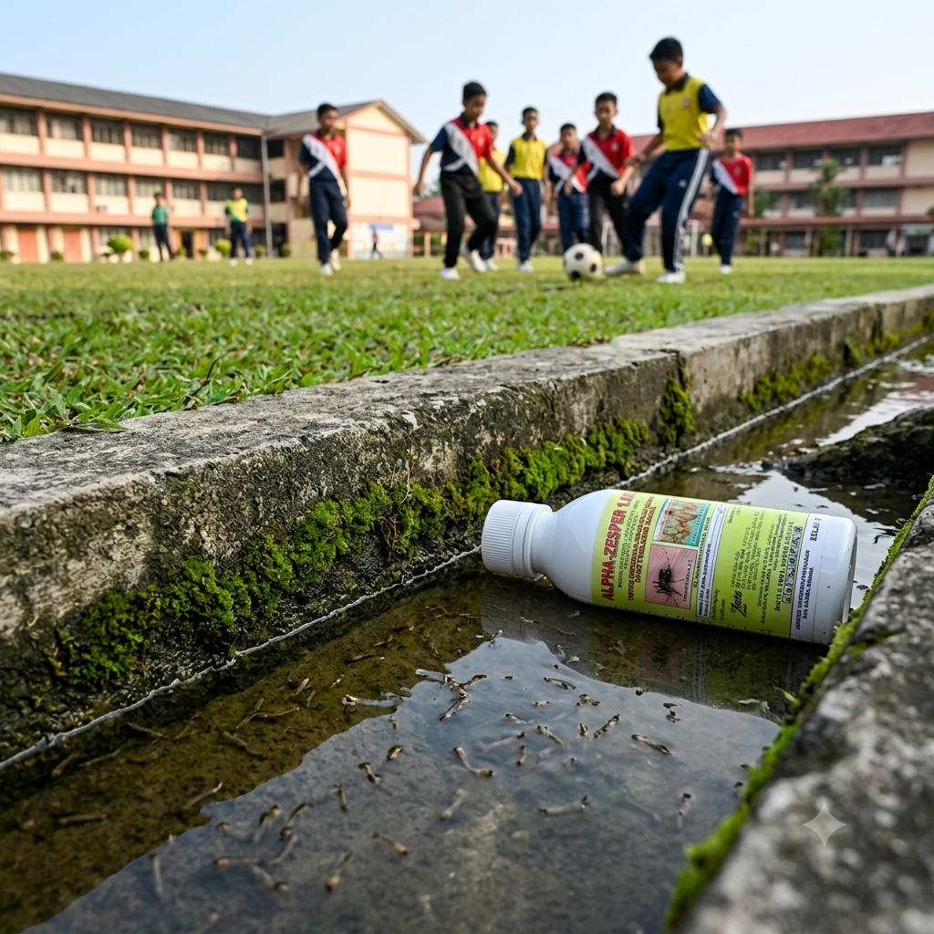An ALPHA-ZESPER 1.0SC bottle lying in a concrete perimeter drain full of active mosquito larvae on a school field with children playing in the background.