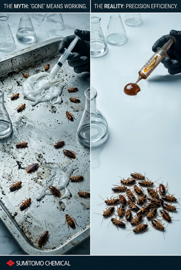 > Precision efficiency comparison between Xroach brown gel bait and competitor white gel. Demonstrates that 0.4cm of Xroach neutralizes more German cockroaches than large amounts of low-quality bait.