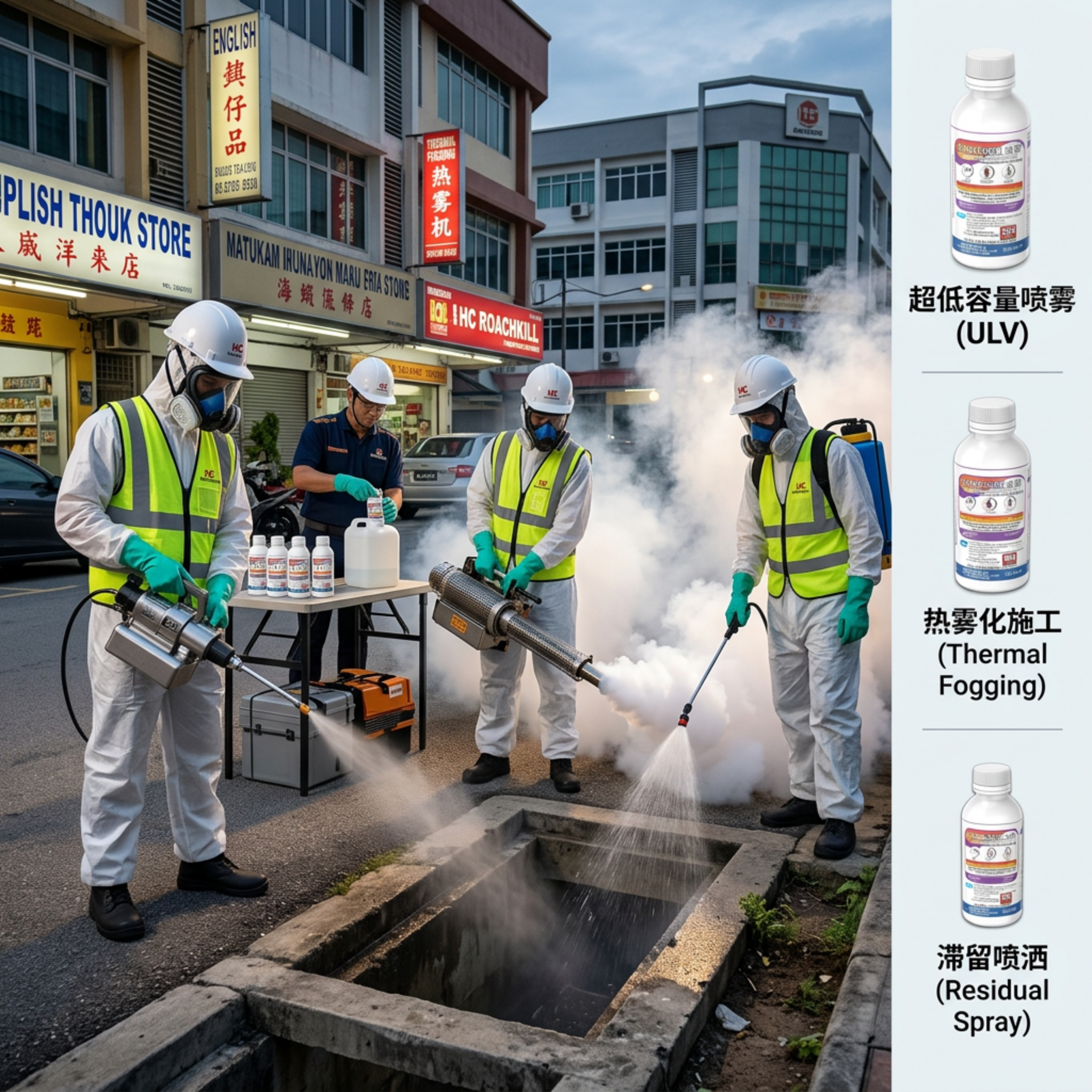 Professional PCO team demonstrating the three application methods of HC ROACHKILL 10 EC: Ultra-Low Volume (ULV) misting, Thermal Fogging in drains, and Residual Spraying for public health.