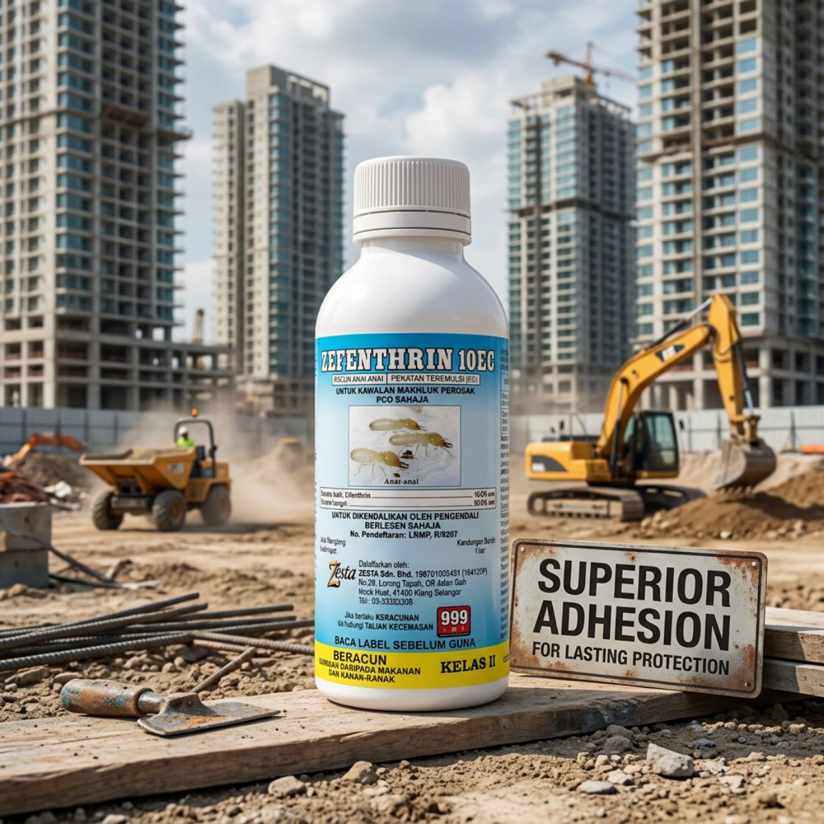A bottle of ZEFENTHRIN 10EC on a construction site with heavy machinery, featuring a sign that says "Superior Adhesion for Lasting Protection."