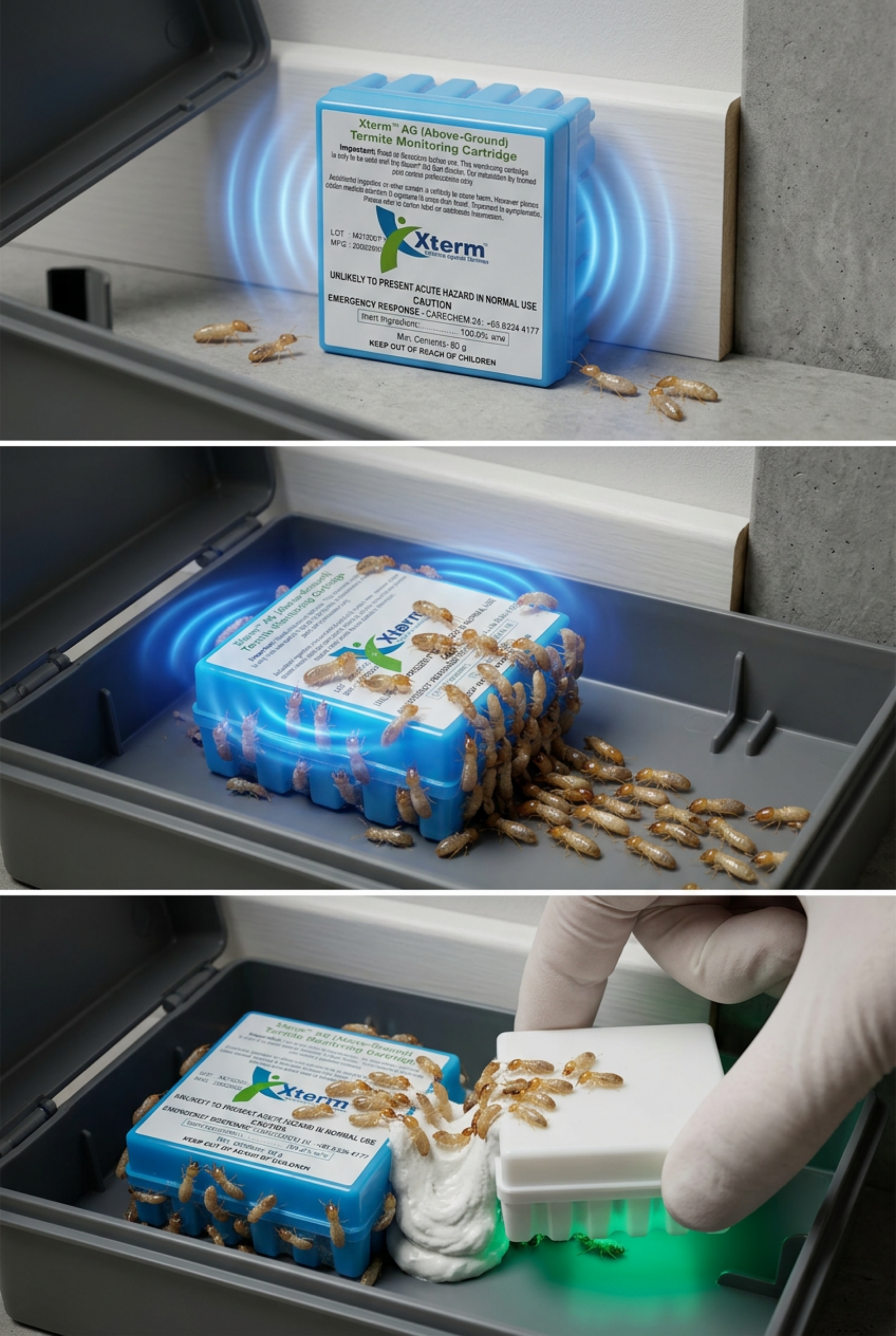 The Xterm Blue Monitoring Cartridge is a non-toxic glucose-based bait designed to anchor termite colonies and prevent relocation during treatment.