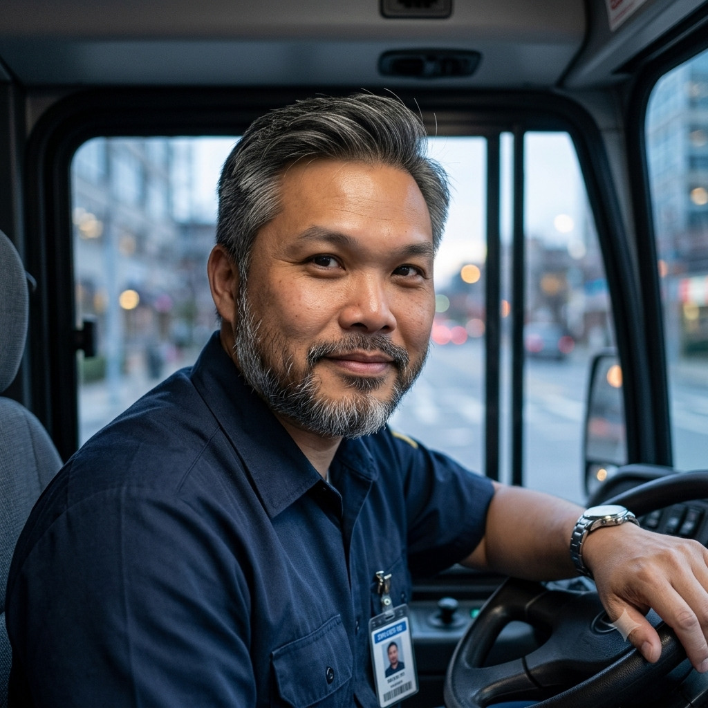 A middle-aged man with gray hair and a beard, wearing a dark blue uniform with a badge, sitting in the driver's seat of a bus, smiling at the camera with city streets visible through the windows behind him.