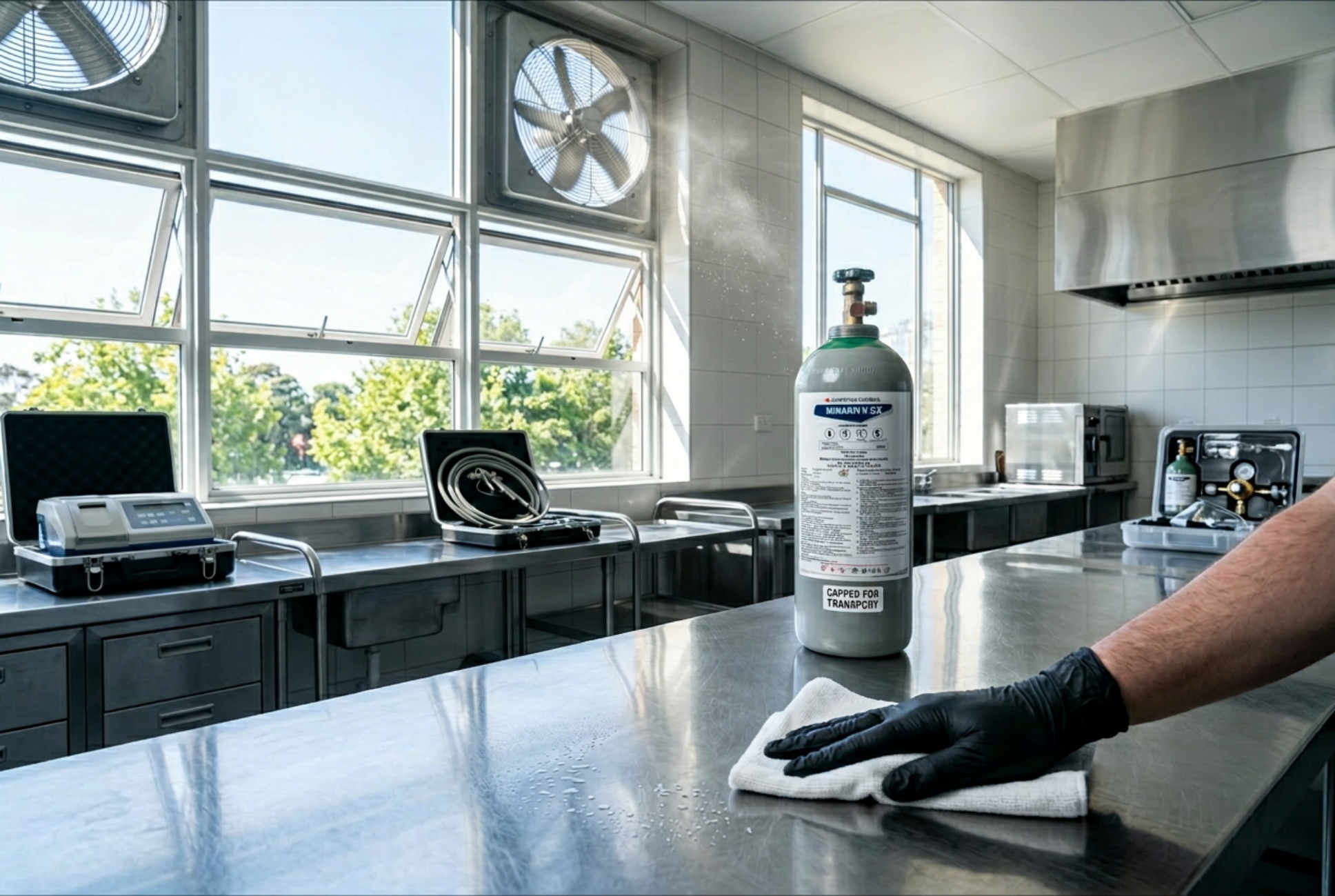 Final step of Mirakn GX treatment showing 15-minute ventilation and cleaning of stainless steel surfaces.