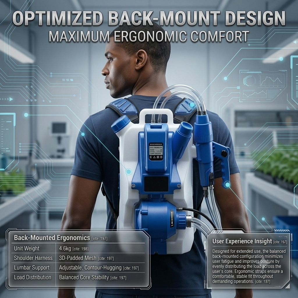 Vortox PL-911 lightweight back-mounted electric ULV sprayer weighing 4.6kg with 3D-padded mesh shoulder harness and adjustable contour-hugging lumbar support.