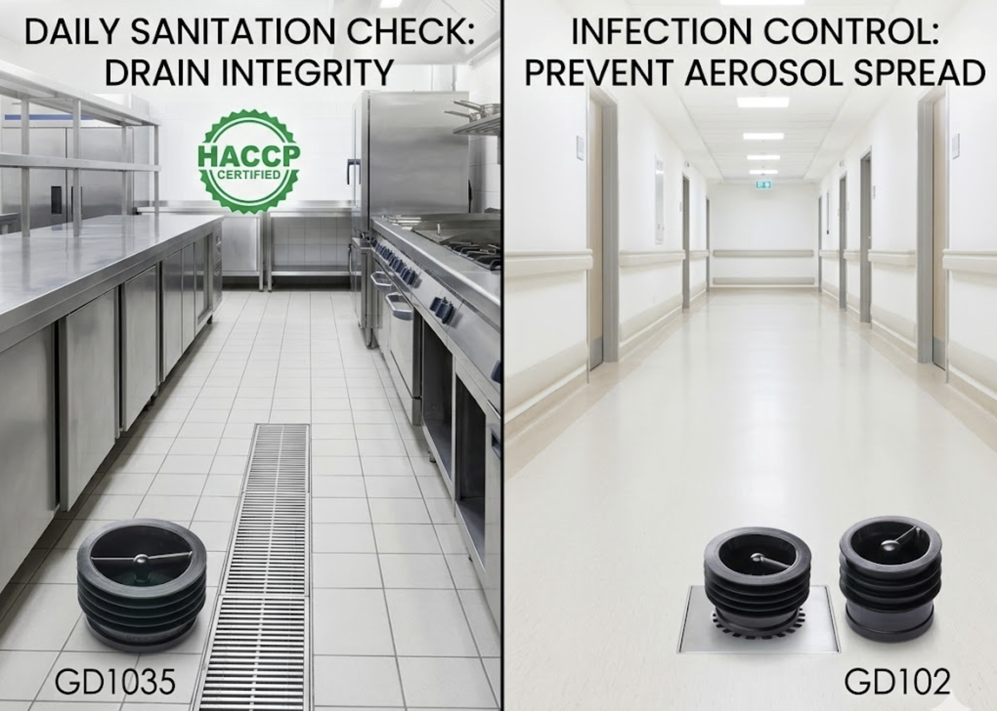 Commercial application of Green Drain in a professional kitchen with HACCP certification and a hospital hallway for infection control. Shows various sizes like GD102 and GD1035 installed in clean environments.