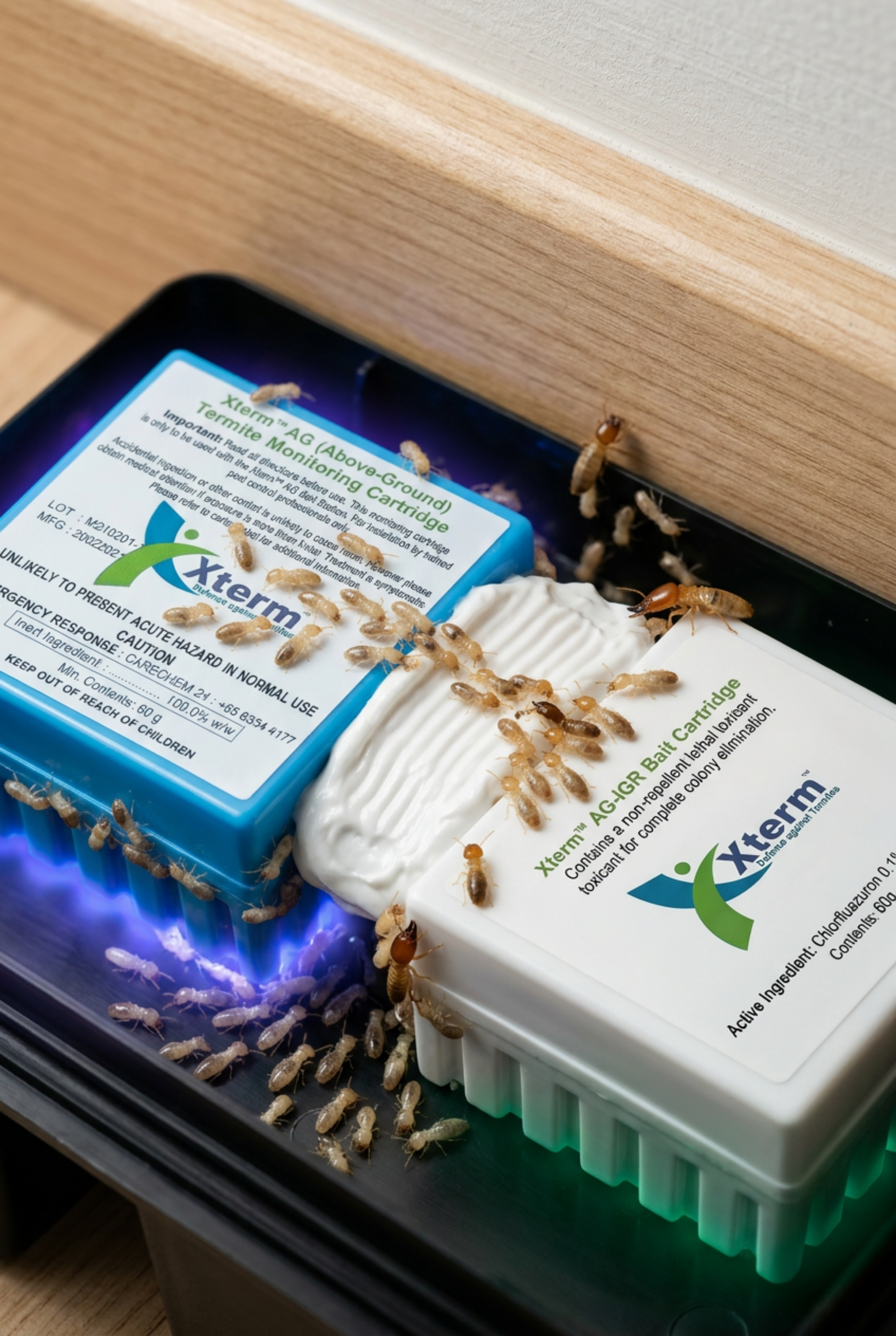 The Xterm Blue Monitoring Cartridge is a non-toxic glucose-based bait designed to anchor termite colonies and prevent relocation during treatment.