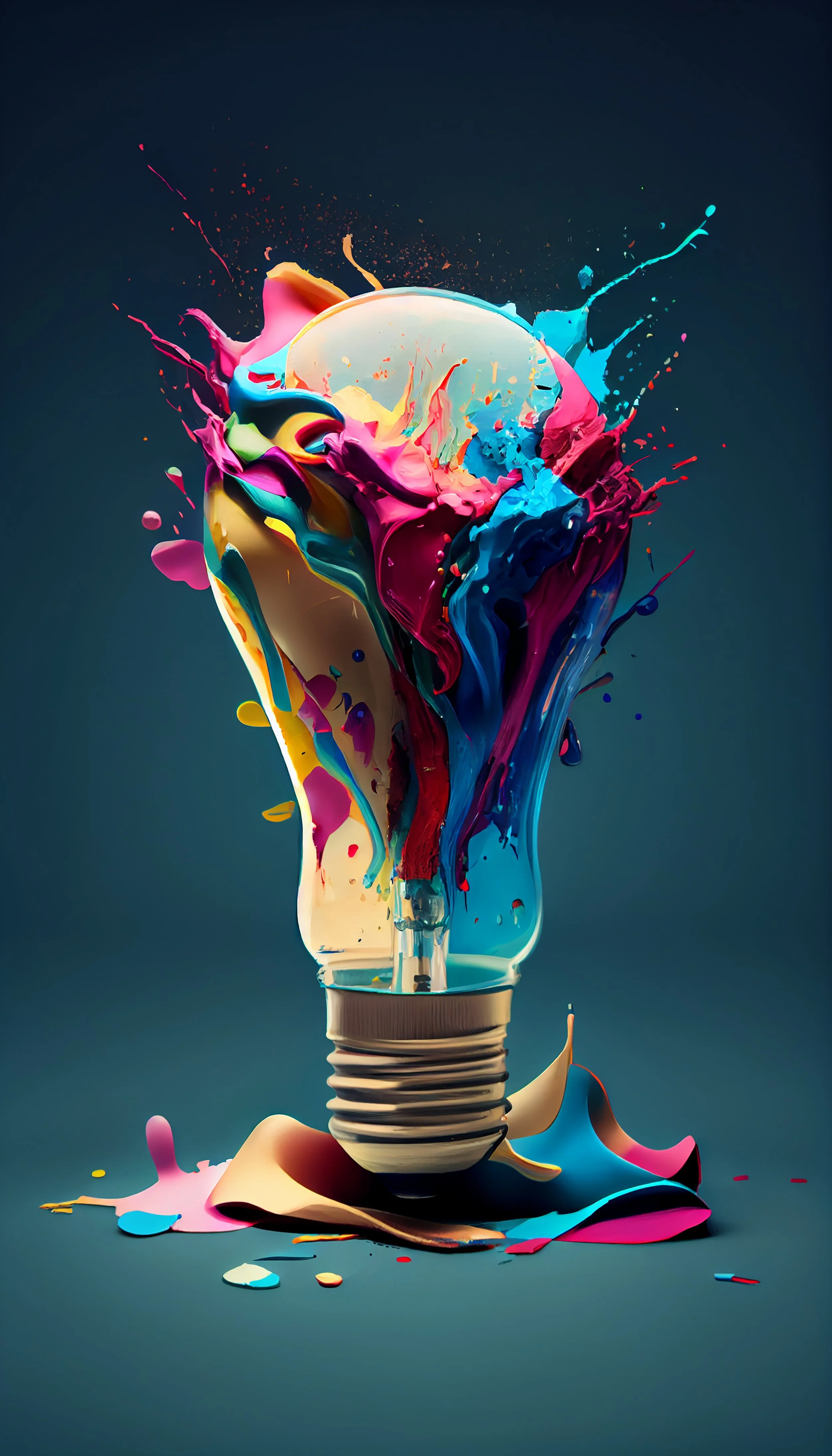 A lightbulb with colorful paint splashes and drips emanating from it, creating an artistic explosion against a dark background.