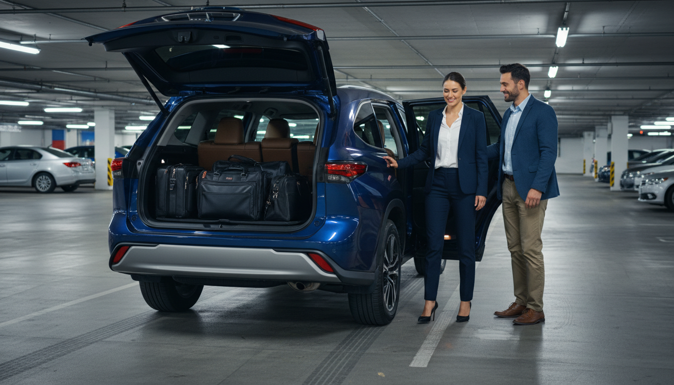 A man and woman dressed in business attire standing next to a blue SUV in an underground parking garage, with the SUV's trunk open and packed with black bags.