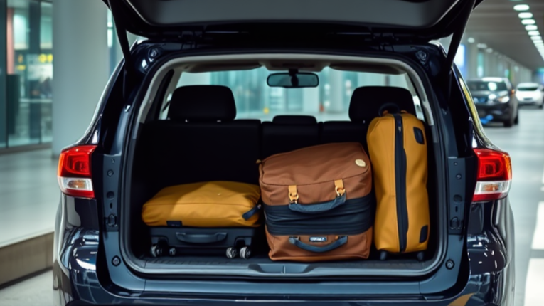 Open trunk of a black SUV with luggage, including a brown duffel bag, a yellow suitcase, and a yellow bag, at an airport terminal.