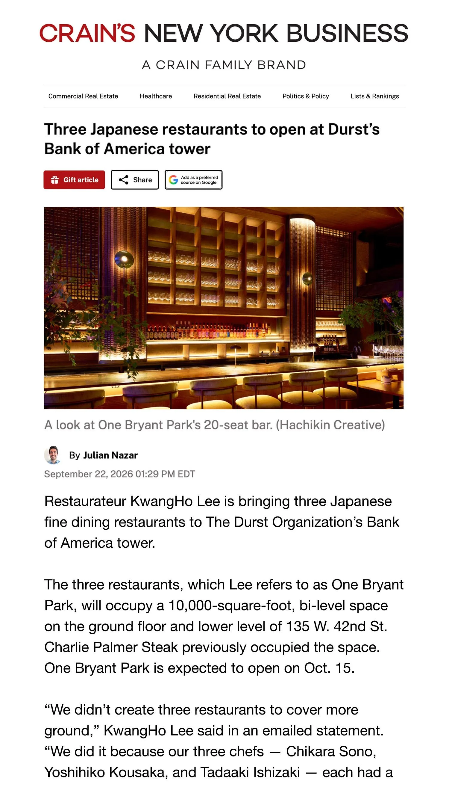 Crain’s New York: Three Japanese restaurants to open at Durst’s Bank of America tower
