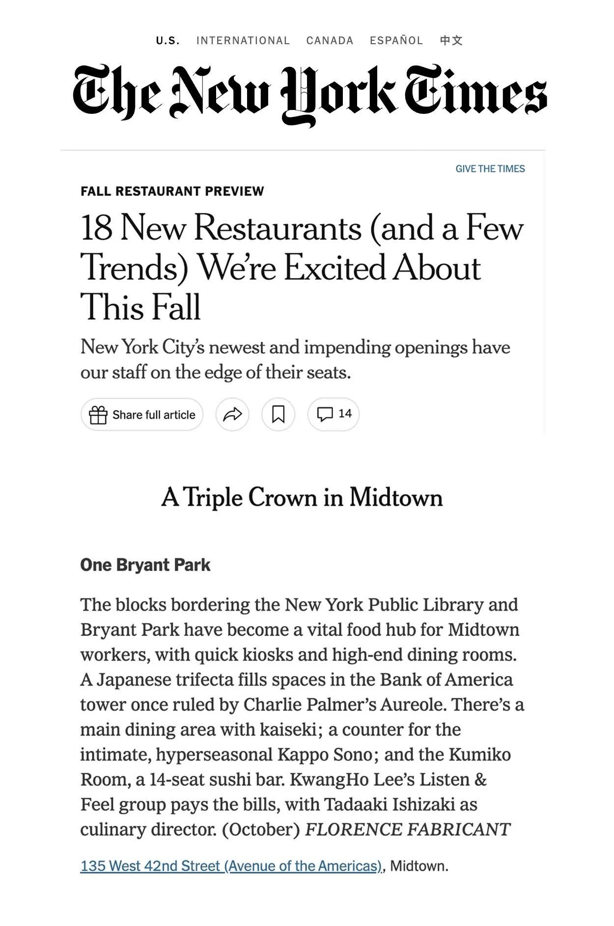 The New York Times: 18 New Restaurants (and a Few Trends) We’re Excited About This Fall