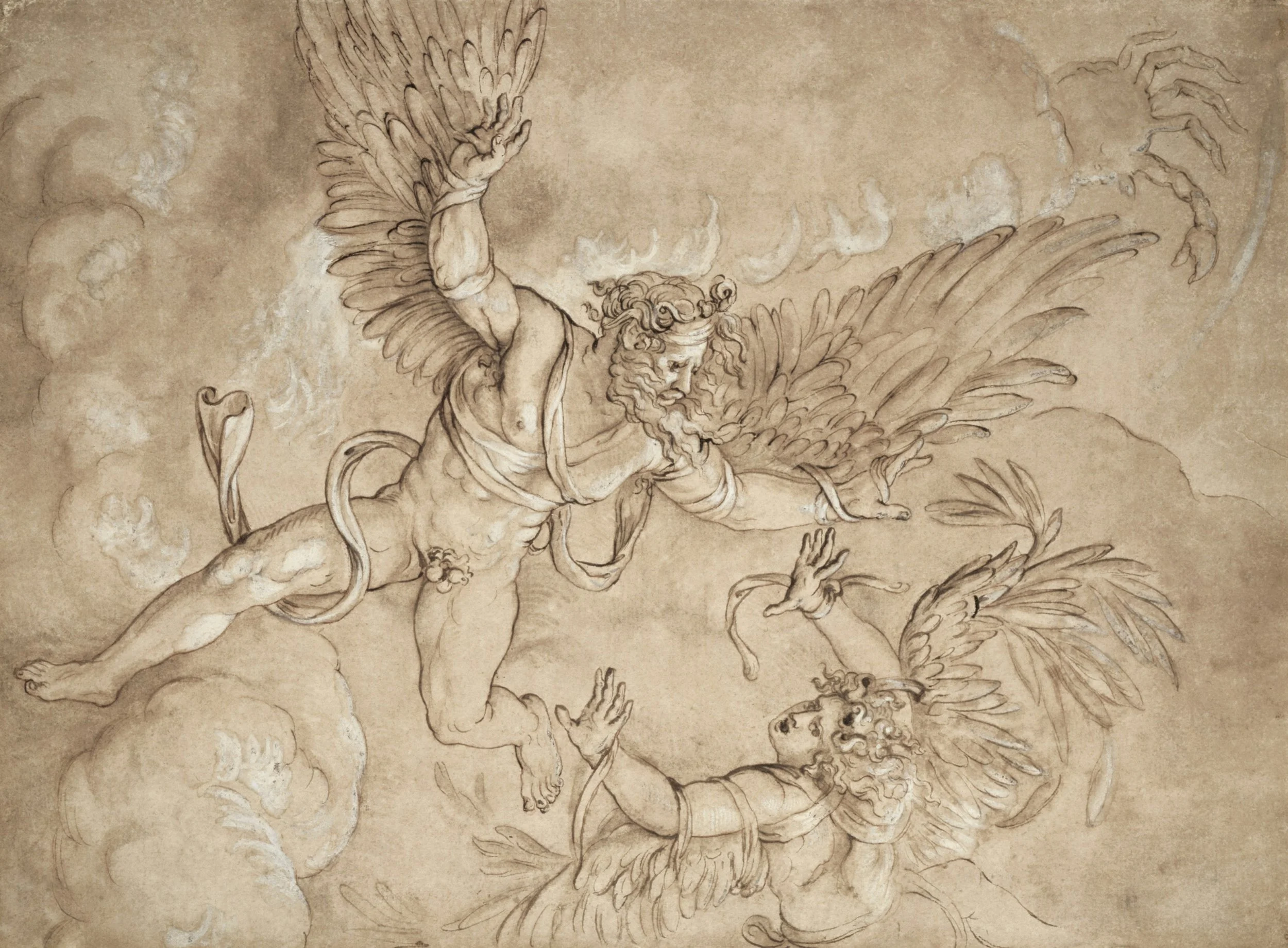 A detailed drawing depicting a mythological battle scene with winged male and female figures, surrounded by clouds and smoke.