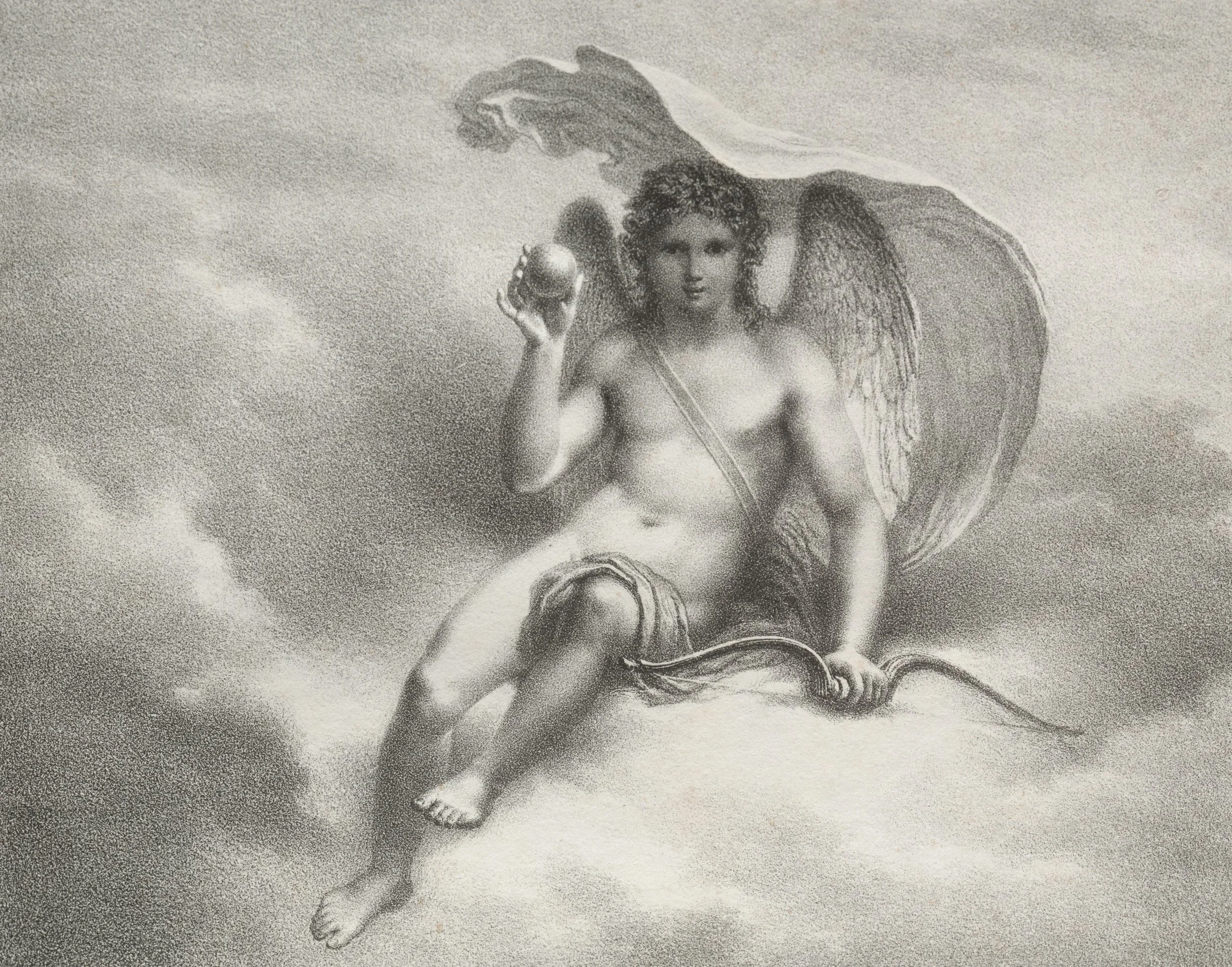 A drawing of a cherub with wings, sitting on a cloud, holding an apple in one hand and a sword in the other, with a halo above its head.