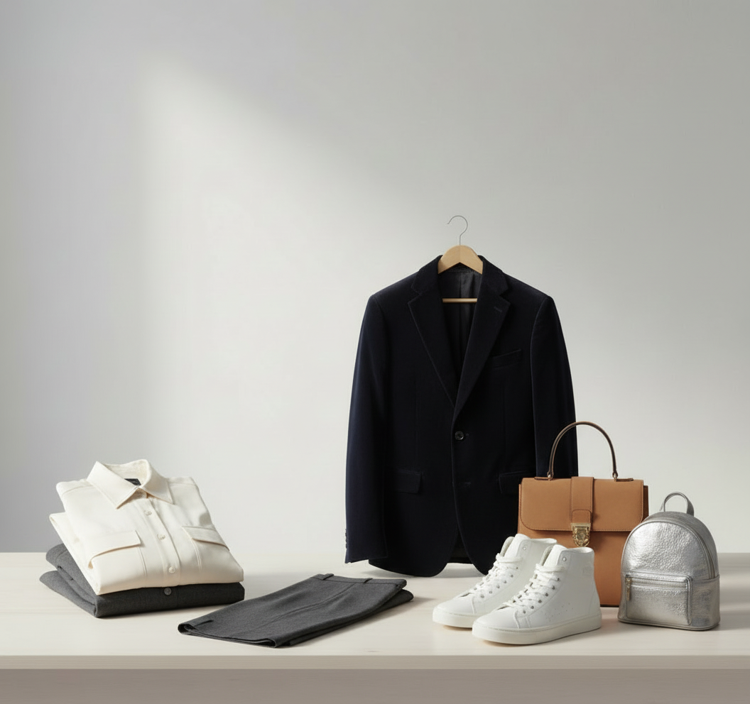 A collection of men's fashion items including a navy blazer on a hanger, white sneakers, a tan handbag, a silver backpack, and neatly folded shirts and pants on a white table in front of a plain wall.