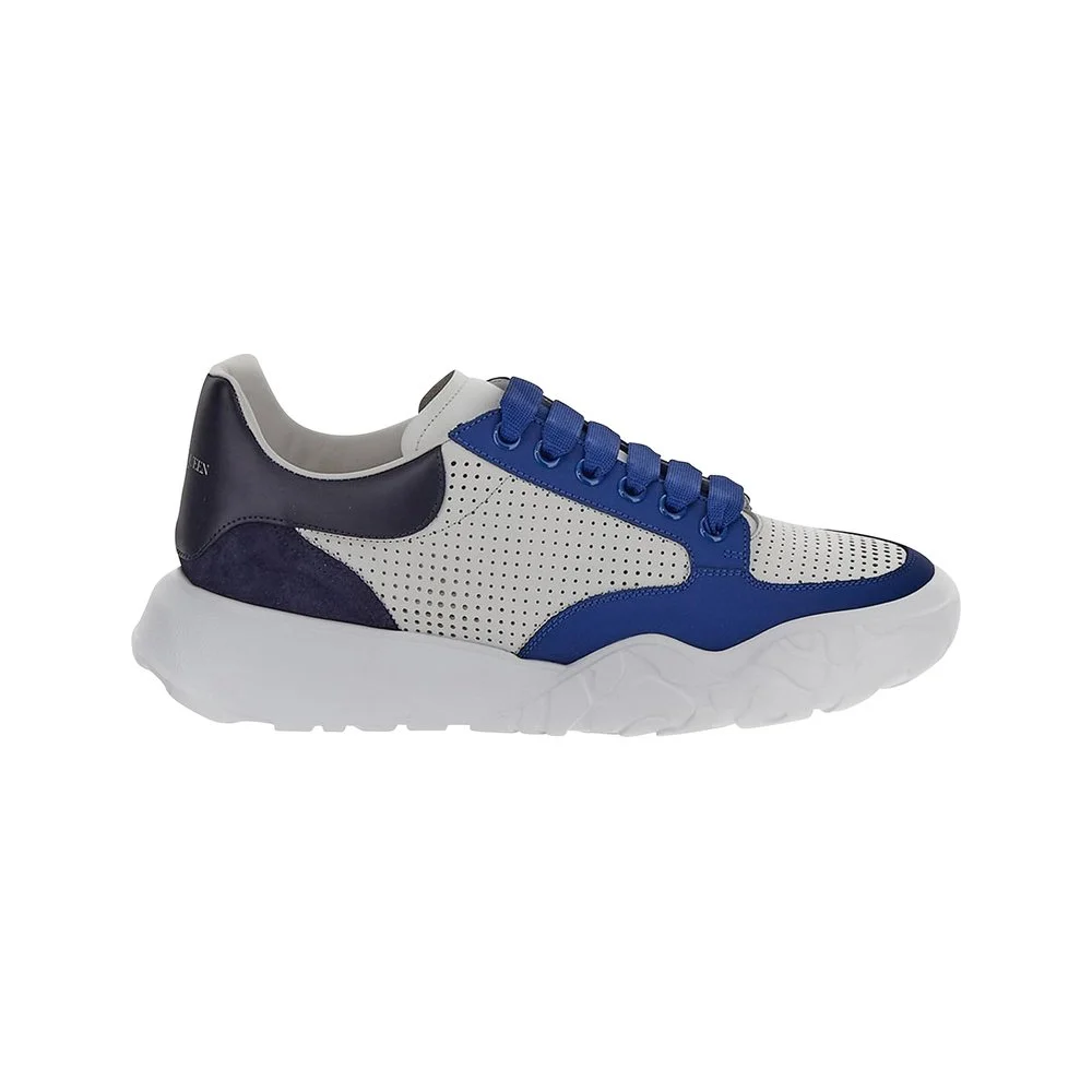 Alexander McQueen Men's Perforated Leather Court Low Top Basketball Sneaker in White & Blue