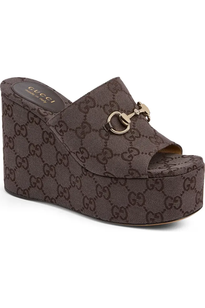Carmen Horsebit GG Monogram Platform Wedge Sandal in Brown