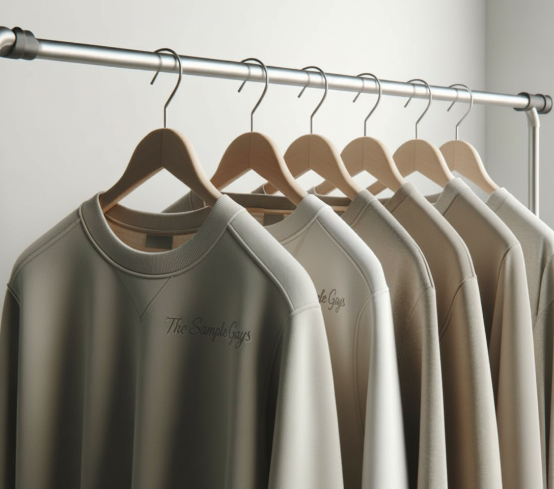 A row of beige sweatshirts hanging on wooden hangers on a metal clothing rack in a clothing store.