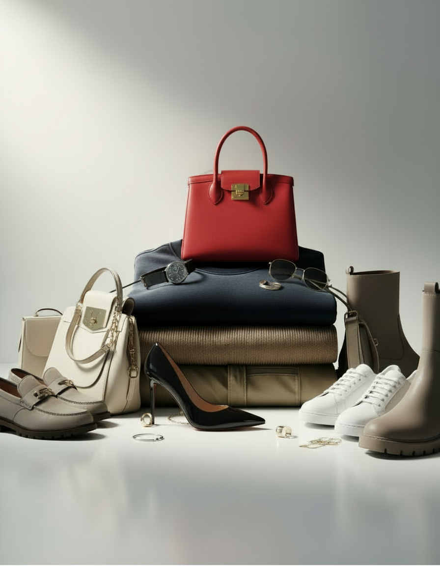 A collection of fashion accessories including a red handbag, white and beige handbags, black high heel shoes, white sneakers, beige ankle boots, sunglasses, and jewelry, arranged on a white surface with a plain background.