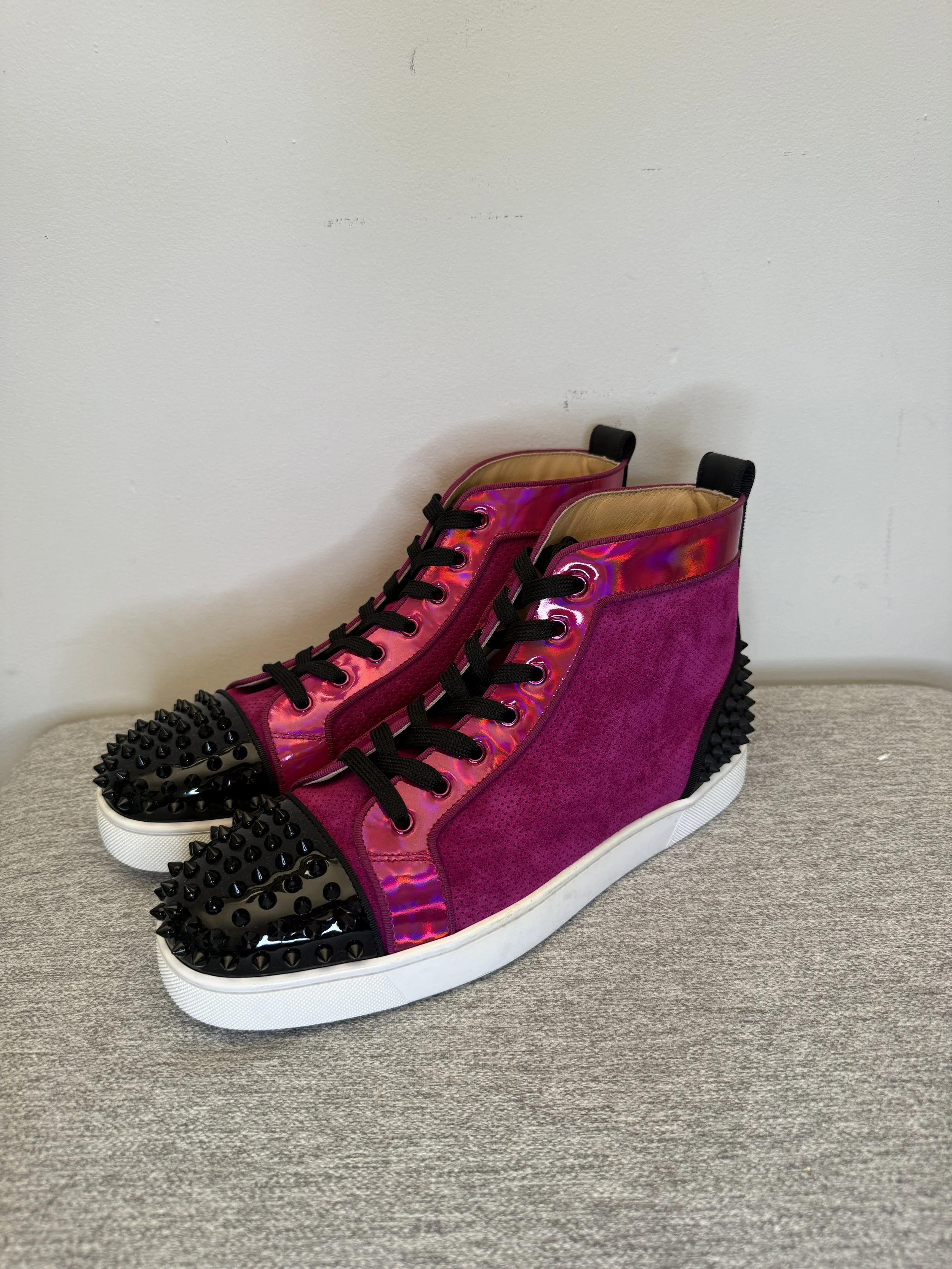 Christian Louboutin Lou Spikes #2 Leather High Top Sneakers Blk & Purple EU 43.5
