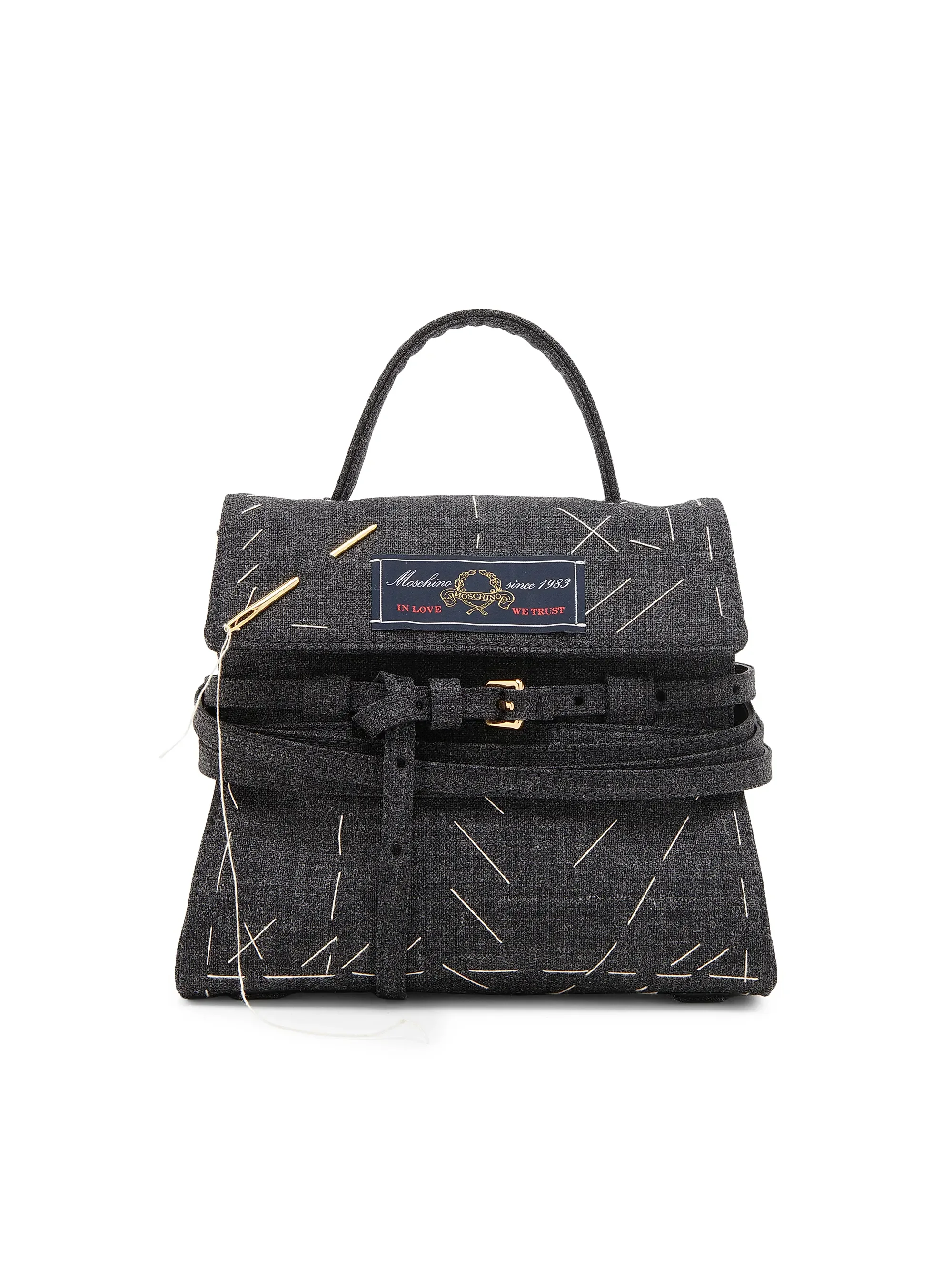 Moschino: Mini Tie Me Topstitch Wool-Blend Top Handle Bag (Black)