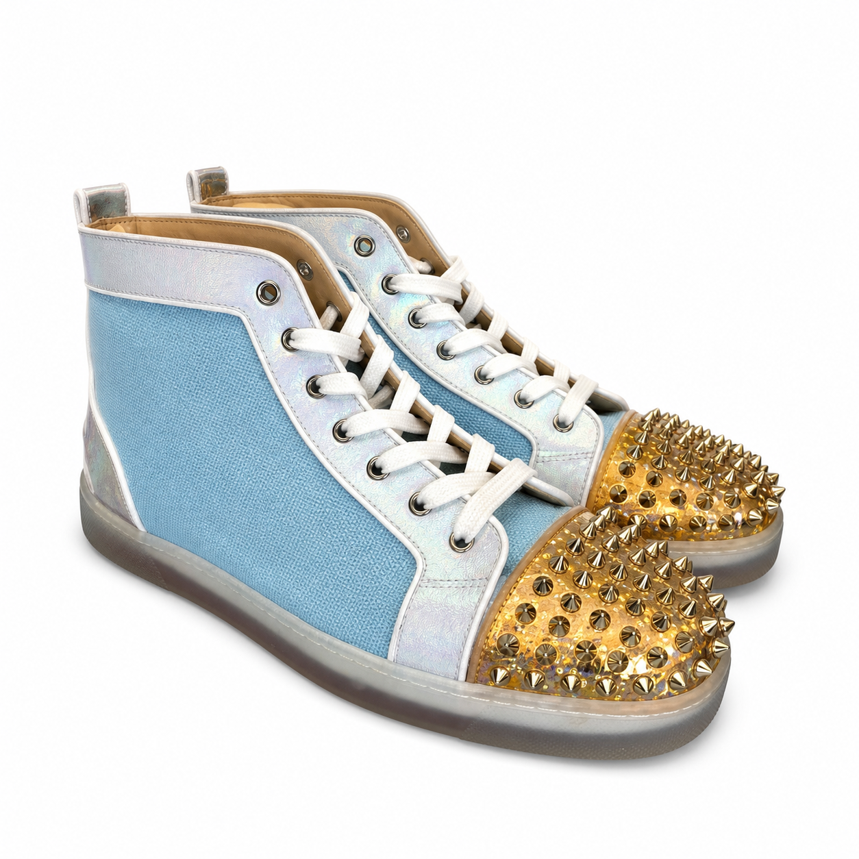 Christian Louboutin Fun Lou Spikes High Top Sneaker Light Blue/Metallic NWOB