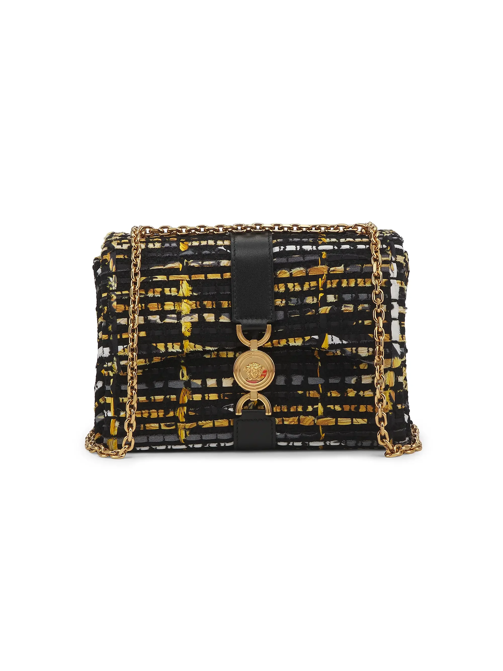Versace: Kleio Woven Flap Shoulder Bag (Black Gold Versace Gold)