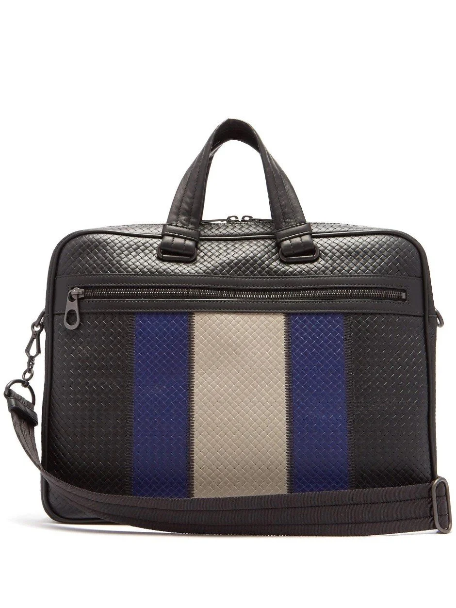 Bottega Veneta Micro-Intrecciato Calf-Leather Briefcase in Navy