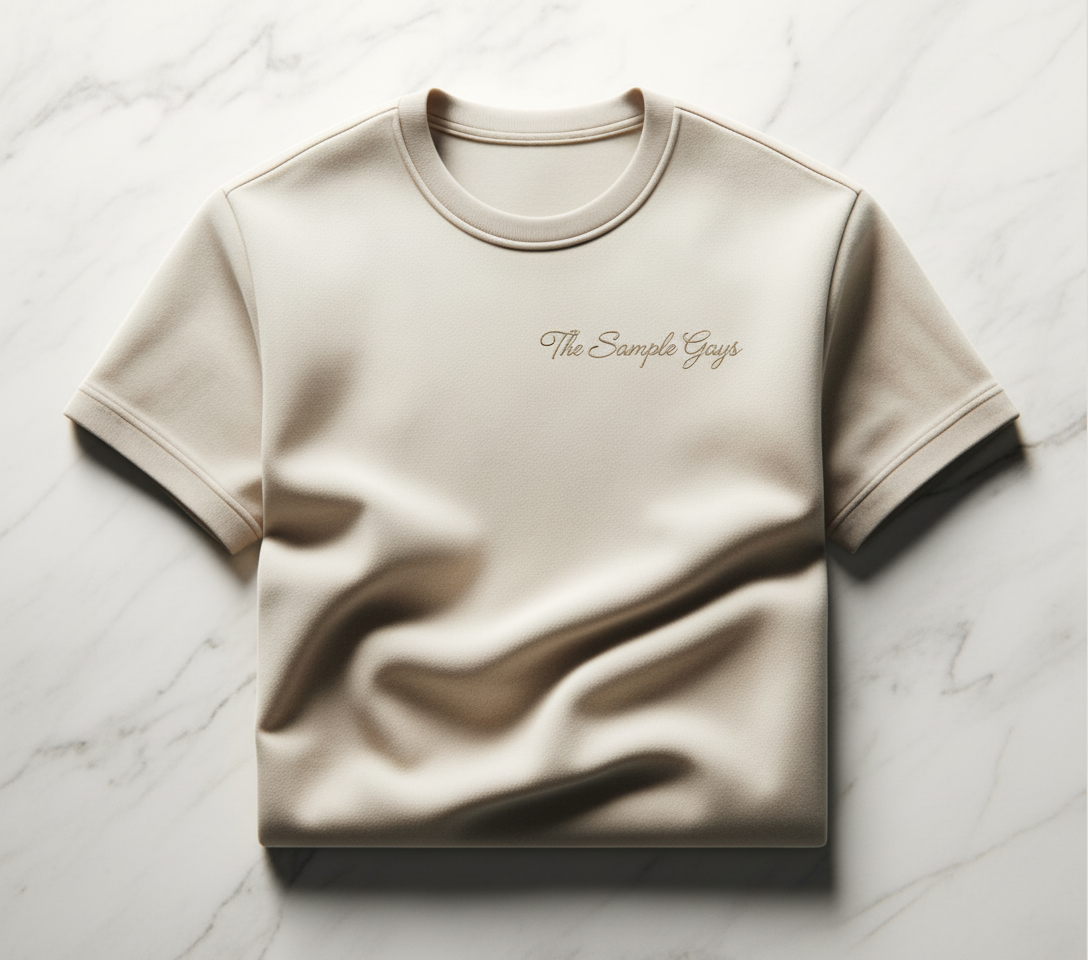 A beige T-shirt with the words "The Sample Guys" embroidered in gold on the left chest, laid flat on a white marble surface.