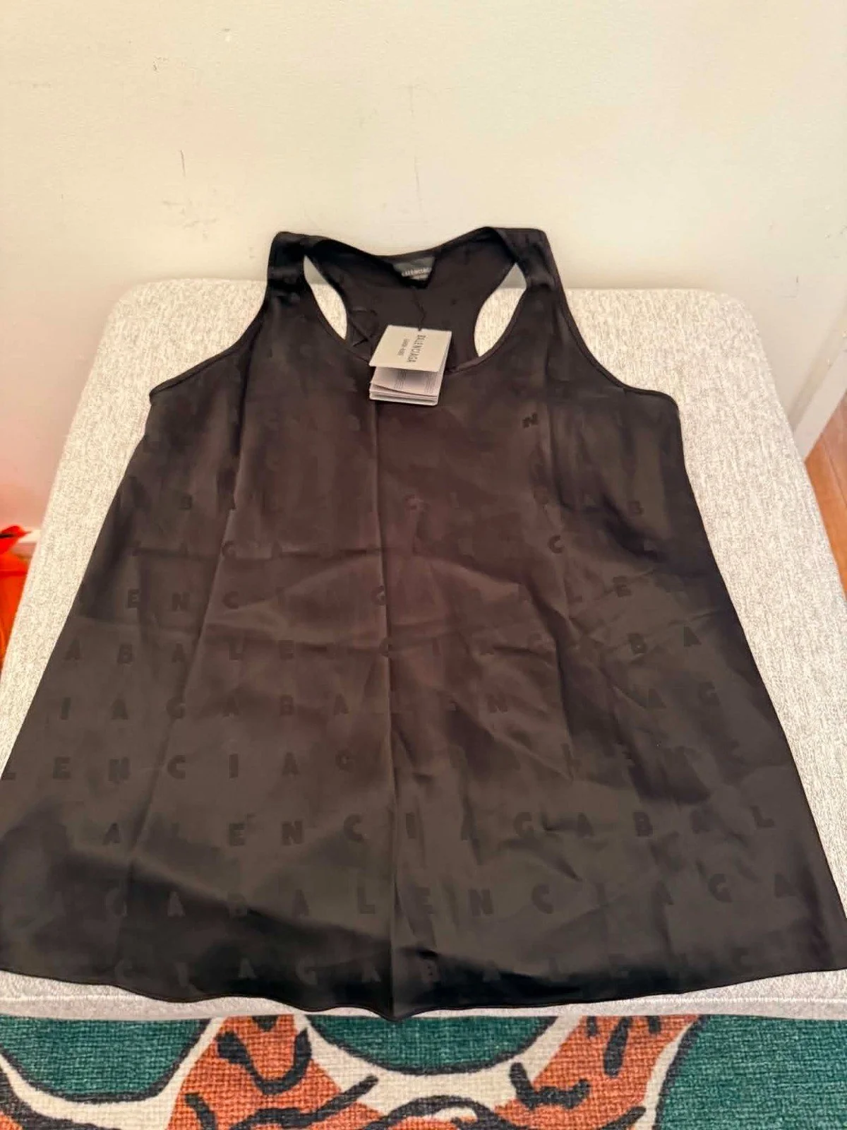 Balenciaga Black Silk Jacquard Logo Tank Top