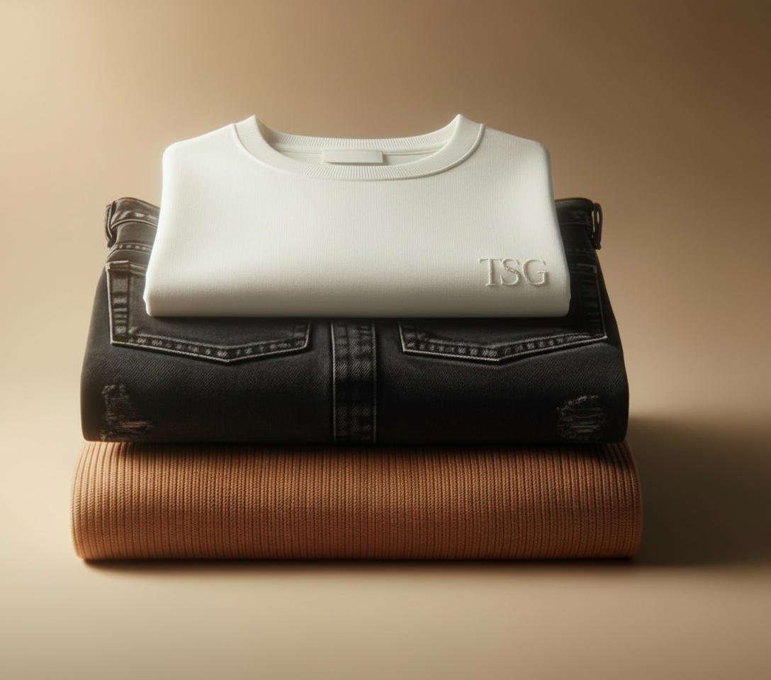 Stacked clothing including a folded white sweatshirt with 'TSG' embroidered, black jeans, and brown ribbed pants.