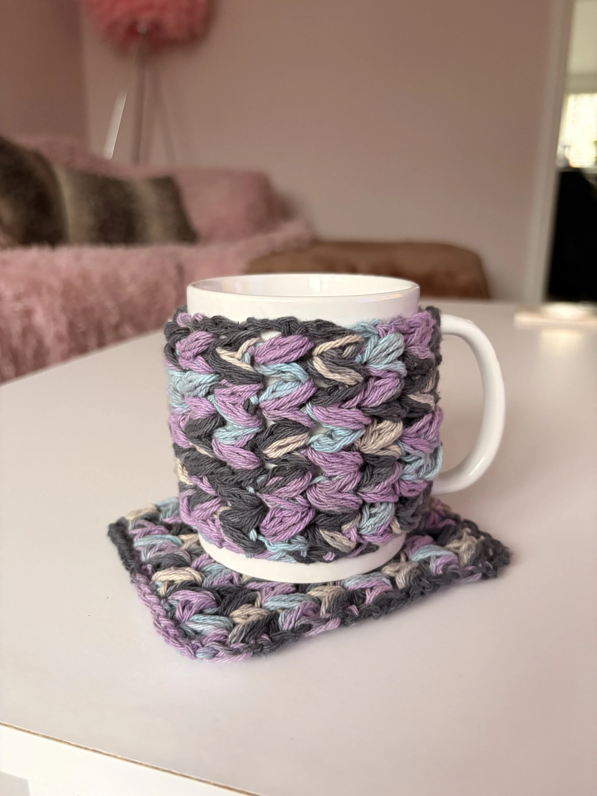 Handmade Crochet Cotton Mug Hug Cozy + Matching Coaster Set