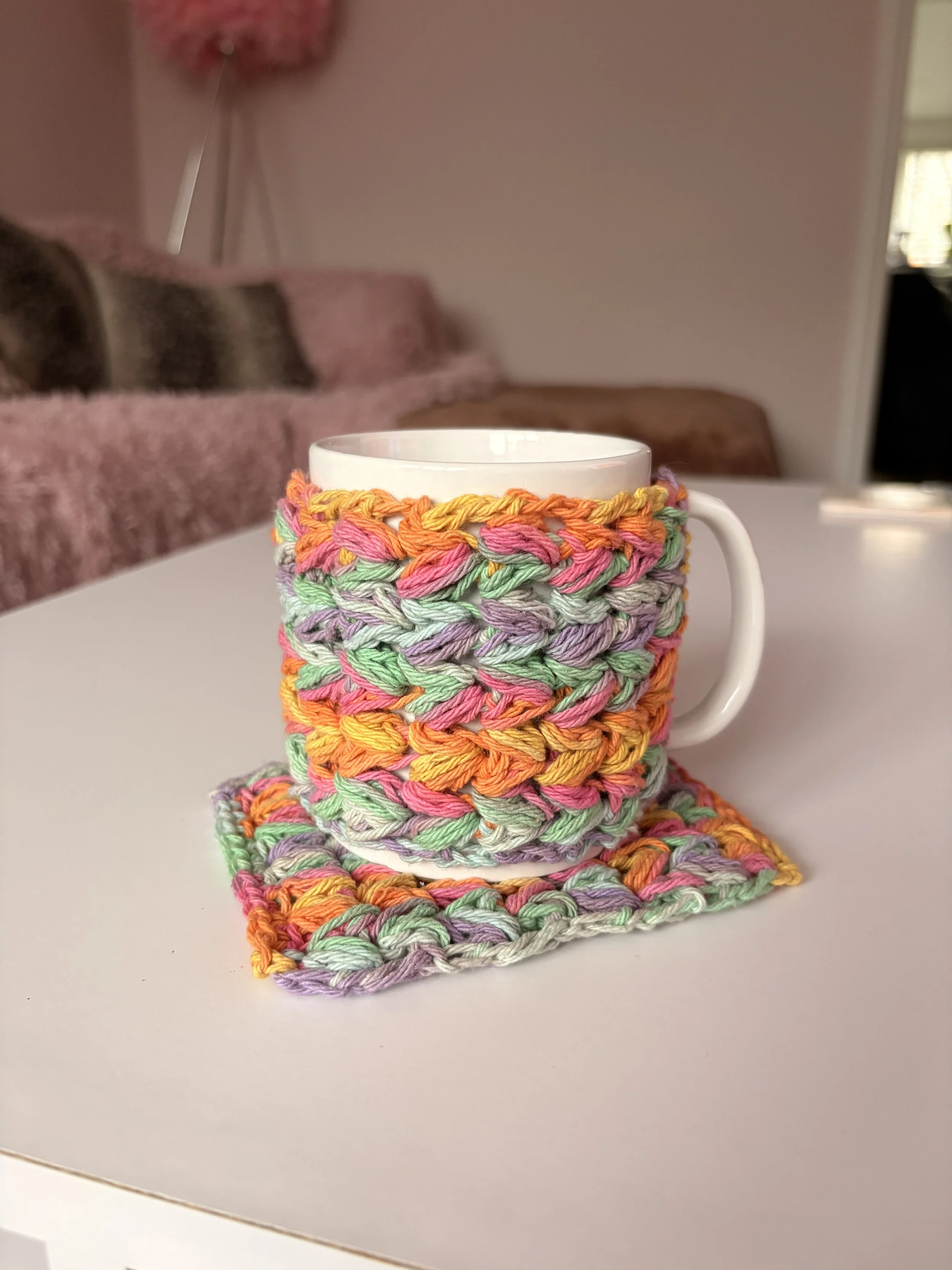 Handmade Crochet Cotton Mug Hug Cozy + Matching Coaster Set