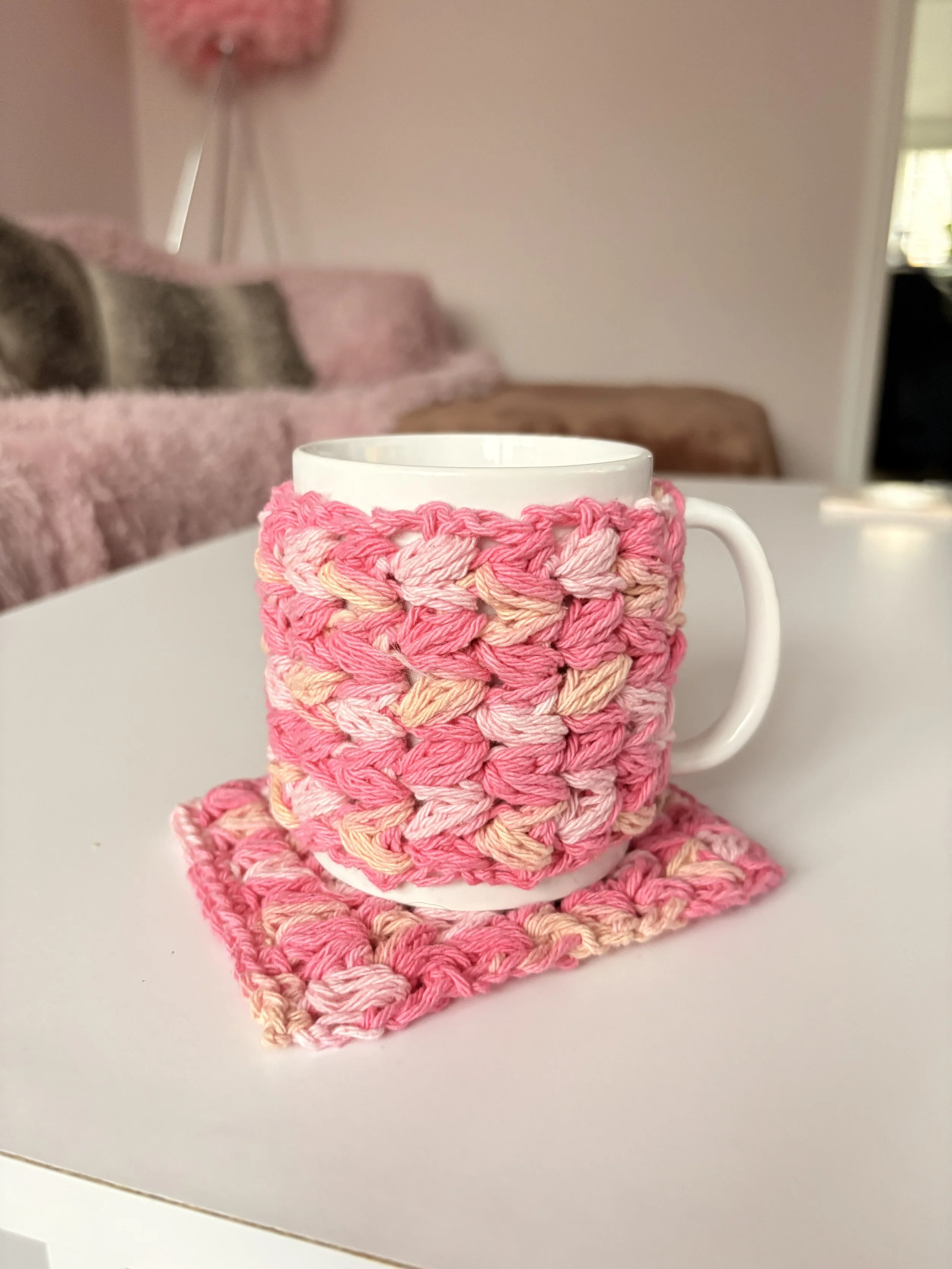Handmade Crochet Cotton Mug Hug Cozy + Matching Coaster Set