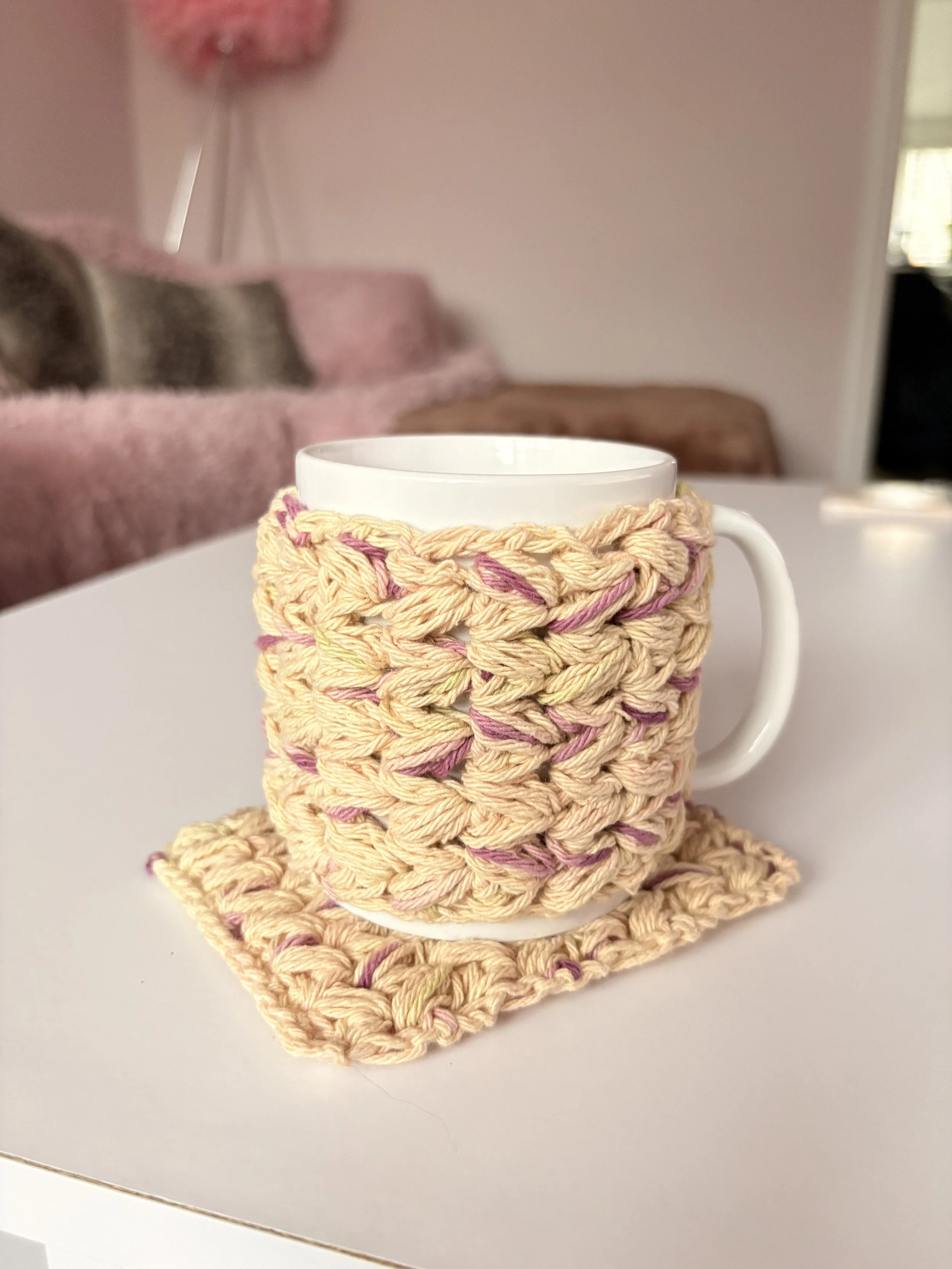 Handmade Crochet Cotton Mug Hug Cozy + Matching Coaster Set